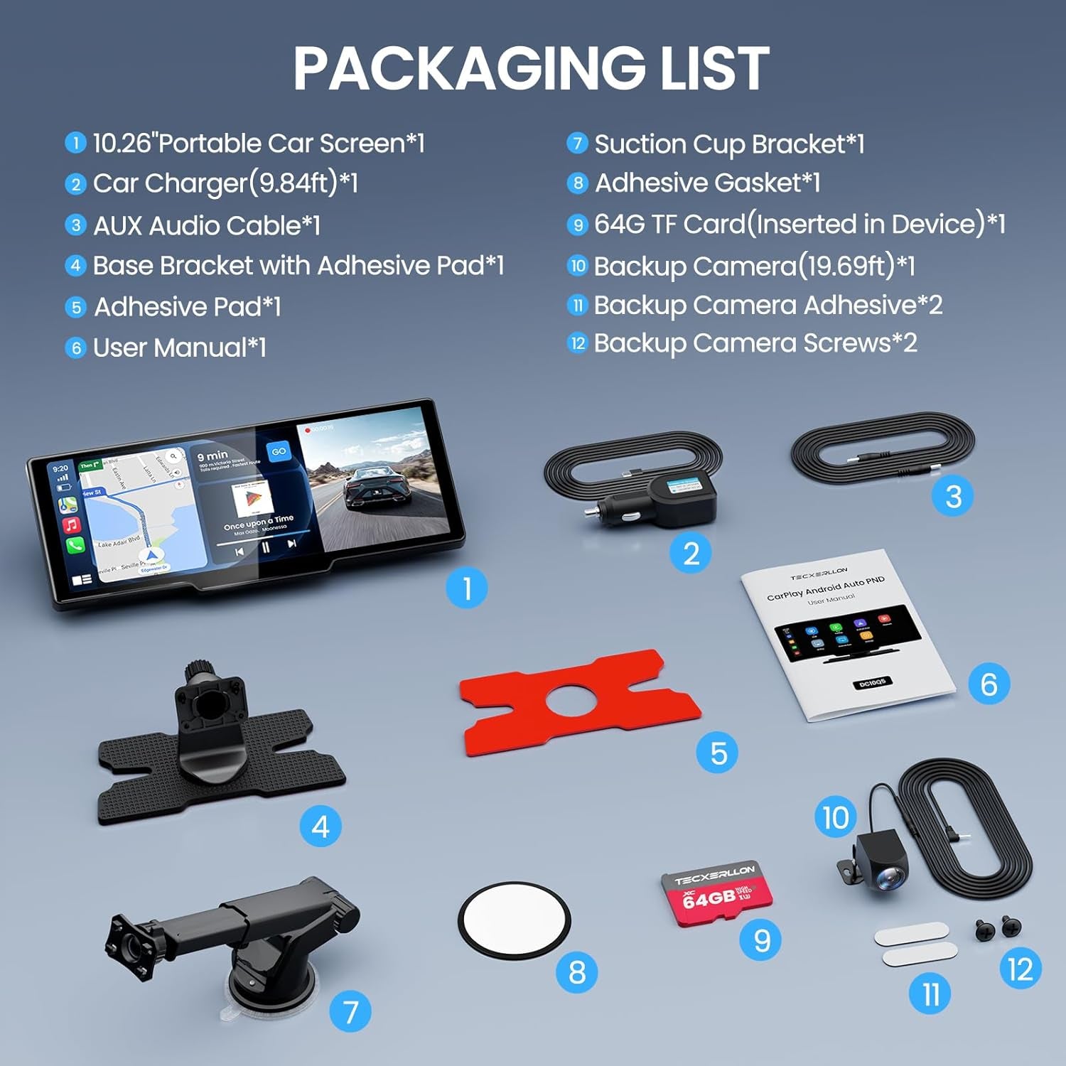 10.26'' Wireless Carplay & Android Auto Screen with 4K Dash Cam, 1080P Backup Camera, GPS Navigation, and Airplay - Ultimate Portable Car Audio Receiver