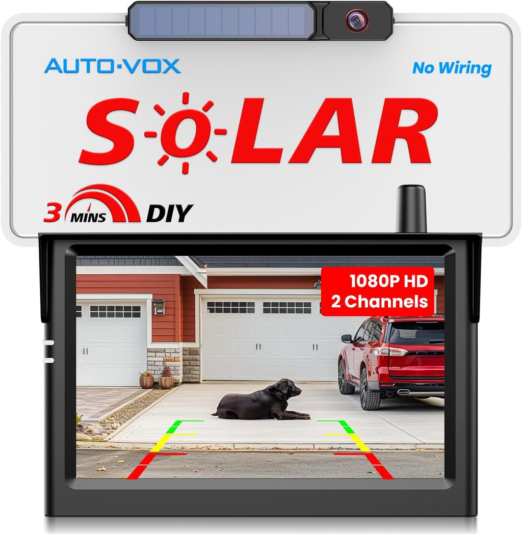 Solar Wireless Backup Camera:5" HD 1080P Monitor,3 Mins DIY Installation & 5000 Mah Battery Powered Solar Back up Camera Systems, IP69K Waterproof Reverse Camera for Car, Van, Truck, Trailer