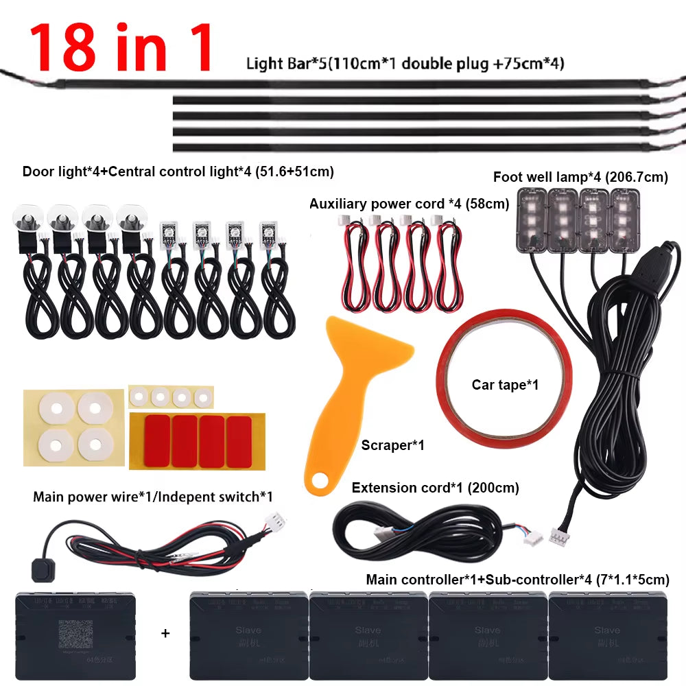 Dual Zone 18 in 1 Full Color Streamer Car Ambient Light RGB 64 Color LED Interior Acrylic Fiber Strip Decoration Atmosphere Lamp