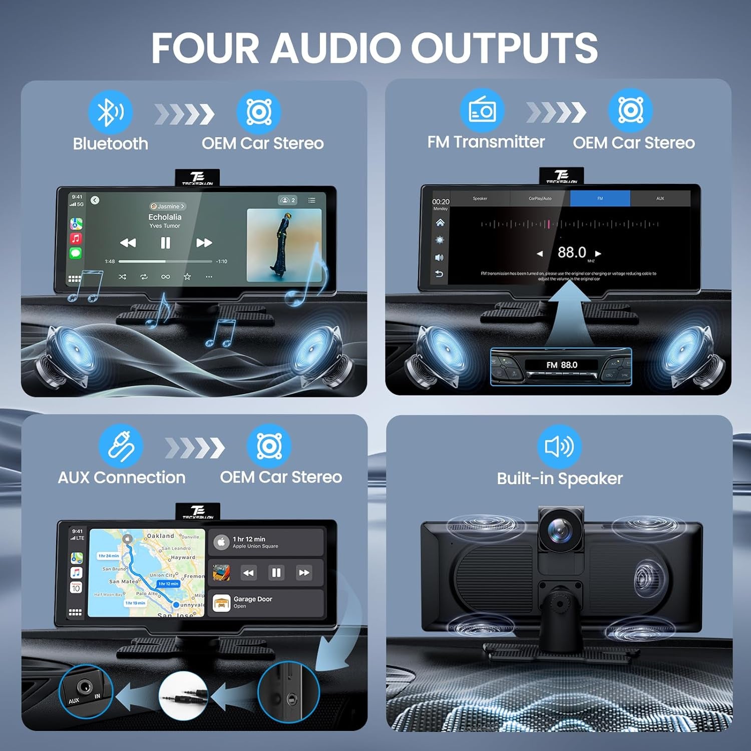 10.26'' Wireless Carplay & Android Auto Screen with 4K Dash Cam, 1080P Backup Camera, GPS Navigation, and Airplay - Ultimate Portable Car Audio Receiver