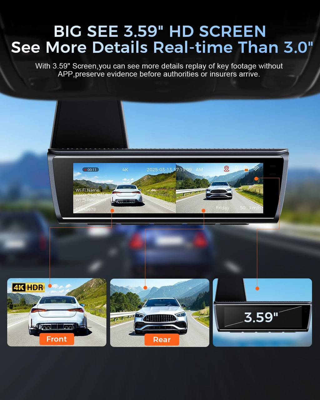 K600 4K Dual Dash Cam with 3.59" IPS Screen, Built-In GPS, 5G WiFi, UHD Night Vision, 170° Wide Angle, HDR, 24H Parking Mode & Free 64G SD Card