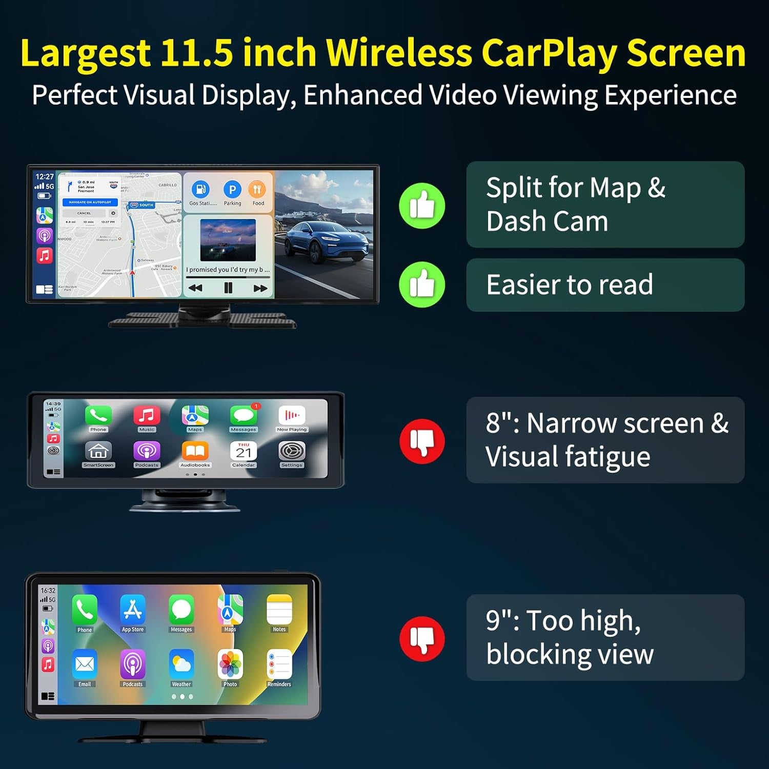 Ultimate 11.5 Inch Wireless CarPlay Screen - HD Touchscreen with 4K Dash Cam, 1080P Backup Camera, Navigation, Bluetooth, Voice Control & More for All Vehicles