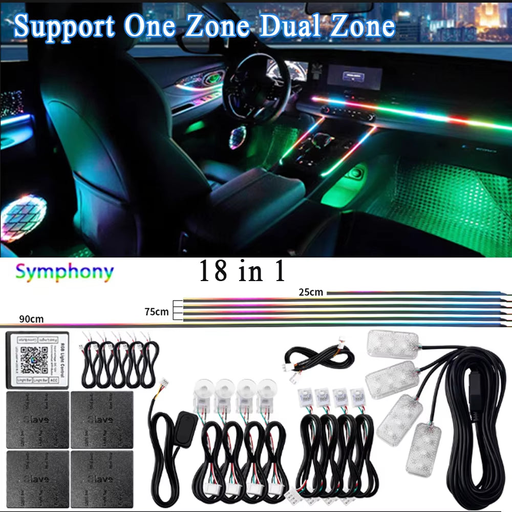 14/18 in 1 Led Acrylic Car Ambient Light RGB 64 213 Color Symphony Acrylic APP Streamer Atmosphere Lamp Kit One Zone Dual Zone