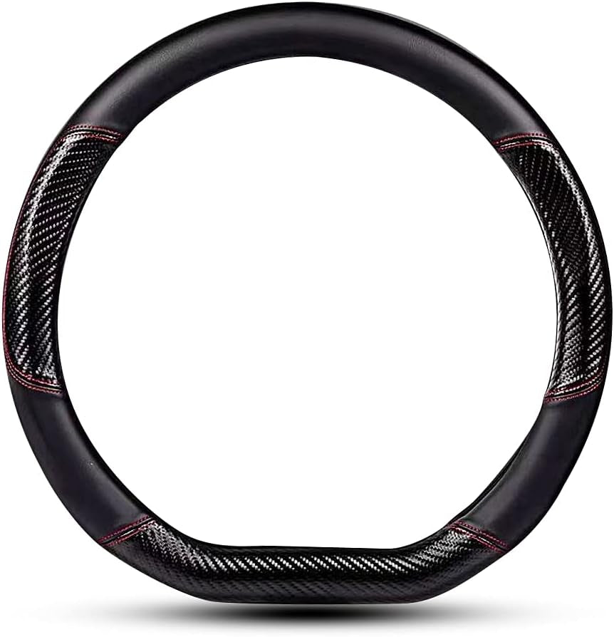 Car Carbon Fiber and Leather D-Shape Steering Wheel Cover, Stylish Car Non-Slip Leather Car Interior 15 Inches Universal Black and Red