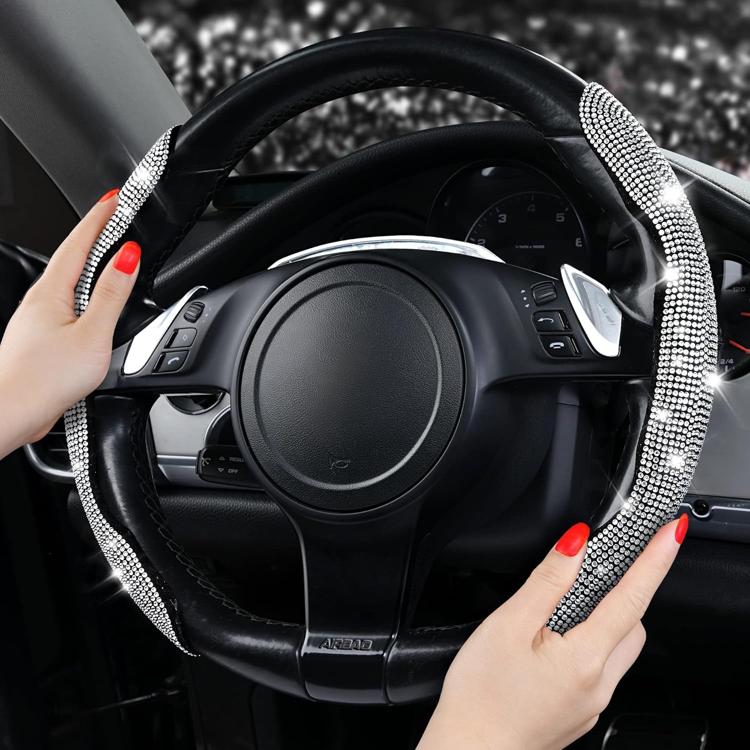 Bling Diamond Segmented Steering Wheel Cover with Crystal Rhinestones, 2PCS Wheel Protector Non-Slip Cute Car Accessories Universal Fit D-Shape O-Shape 14.5" to 16" for Women, Silver Diamond