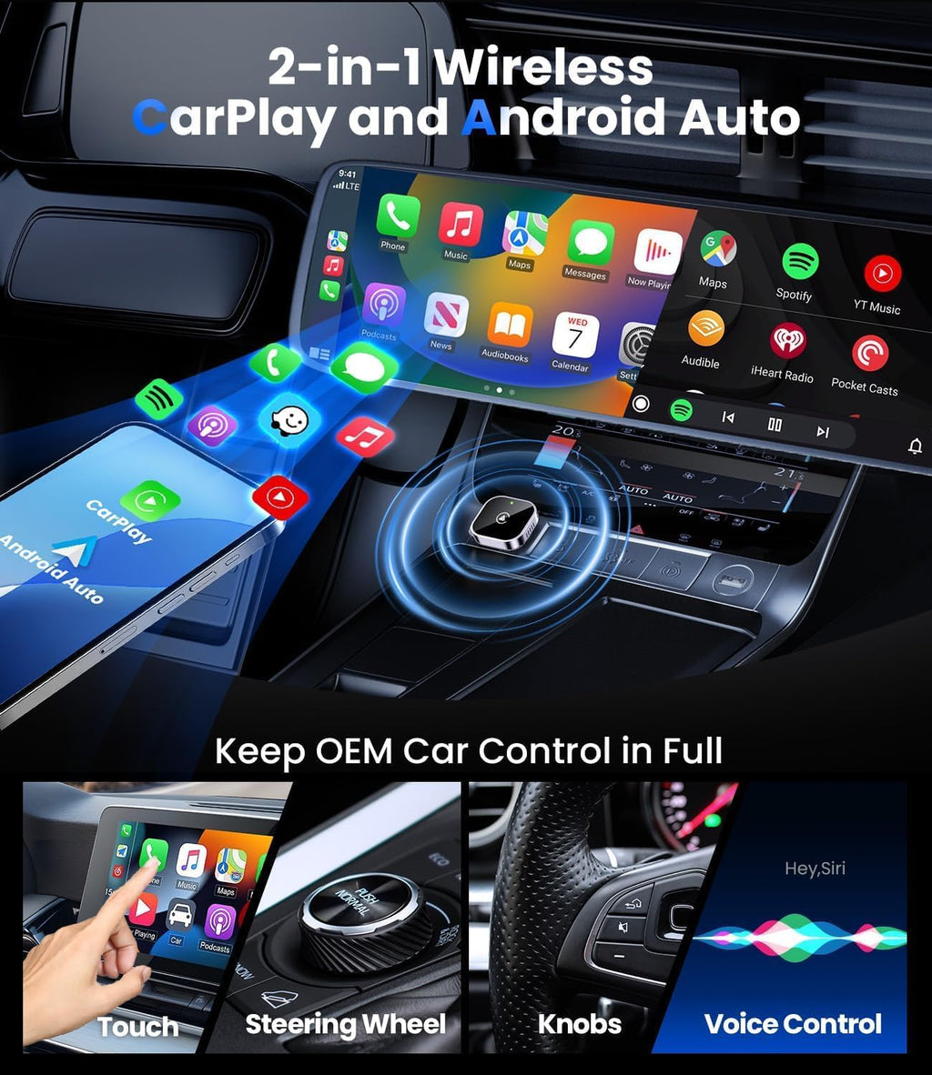 2 in 1 Wireless Carplay and Android Auto Adapter, Easy Setup Plug and Play, Fast Seamless Use Supports 1000+ Car'S with Built-In Wired Car Play/Android Auto, Compact Sleek Design Car Adapter