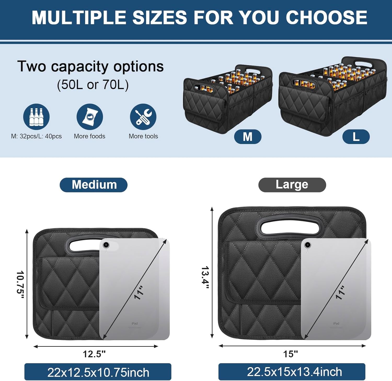 Car Trunk Organizer for SUV, Car Organizers and Storage with 6 Pocket, Car Accessories for Women/Men 50Lwaterproof Polyester Trunk Organizer, Black