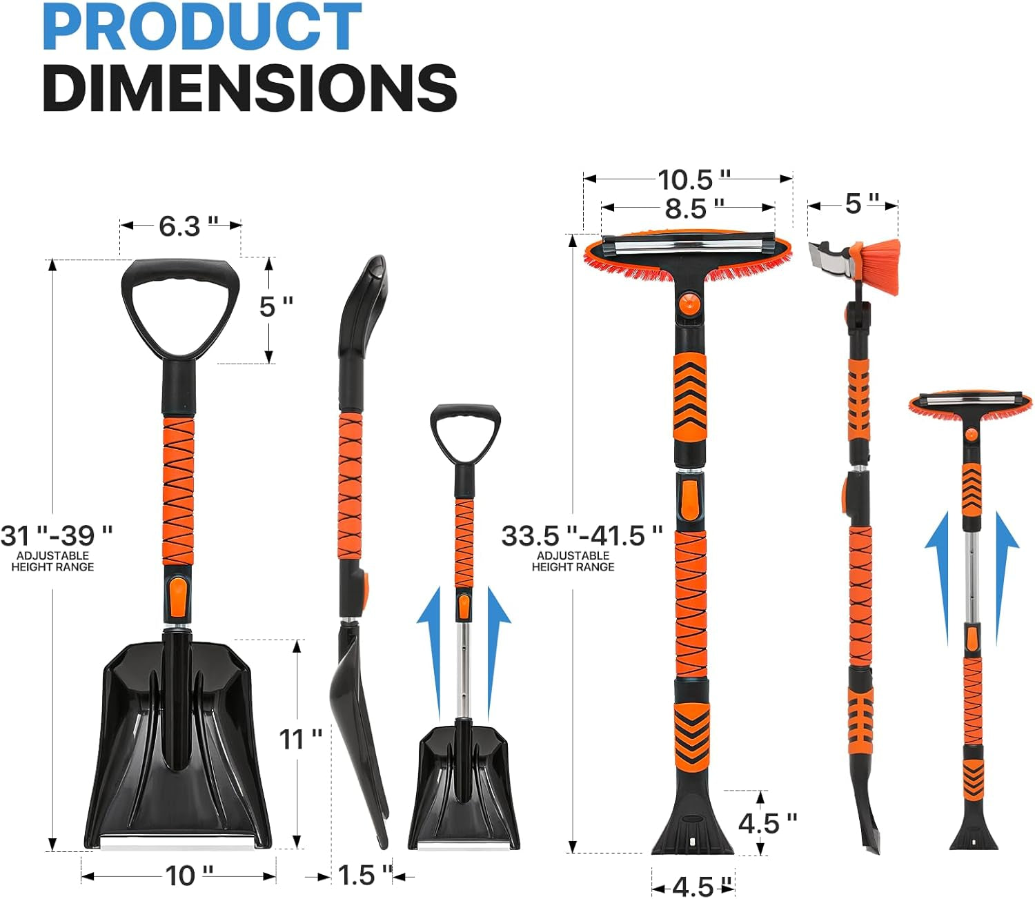 Extendable Ice Scraper and Brush with Squeegee for Car 4 in 1 Emergency Snow Shovel, Ergonomic Foam Grip and 180° Pivoting Brush Head Car Snow Kit for Cars, Trucks, Suvs, Vehicle