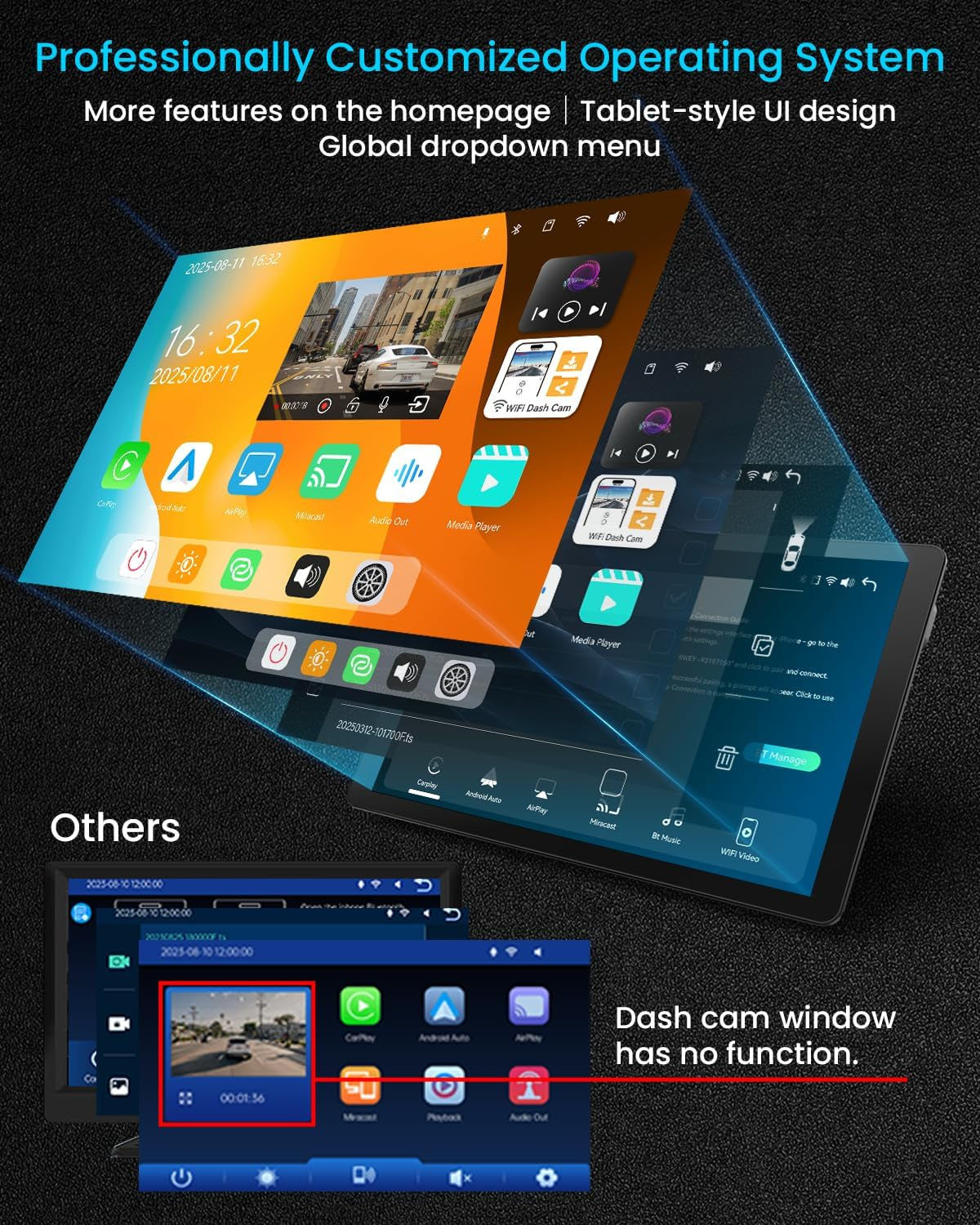 11" Ultra-Slim Wireless Apple CarPlay & Android Auto Car Stereo - 4K Dash Cam, 1080P Backup Camera, GPS, Mirror Link & Voice Control