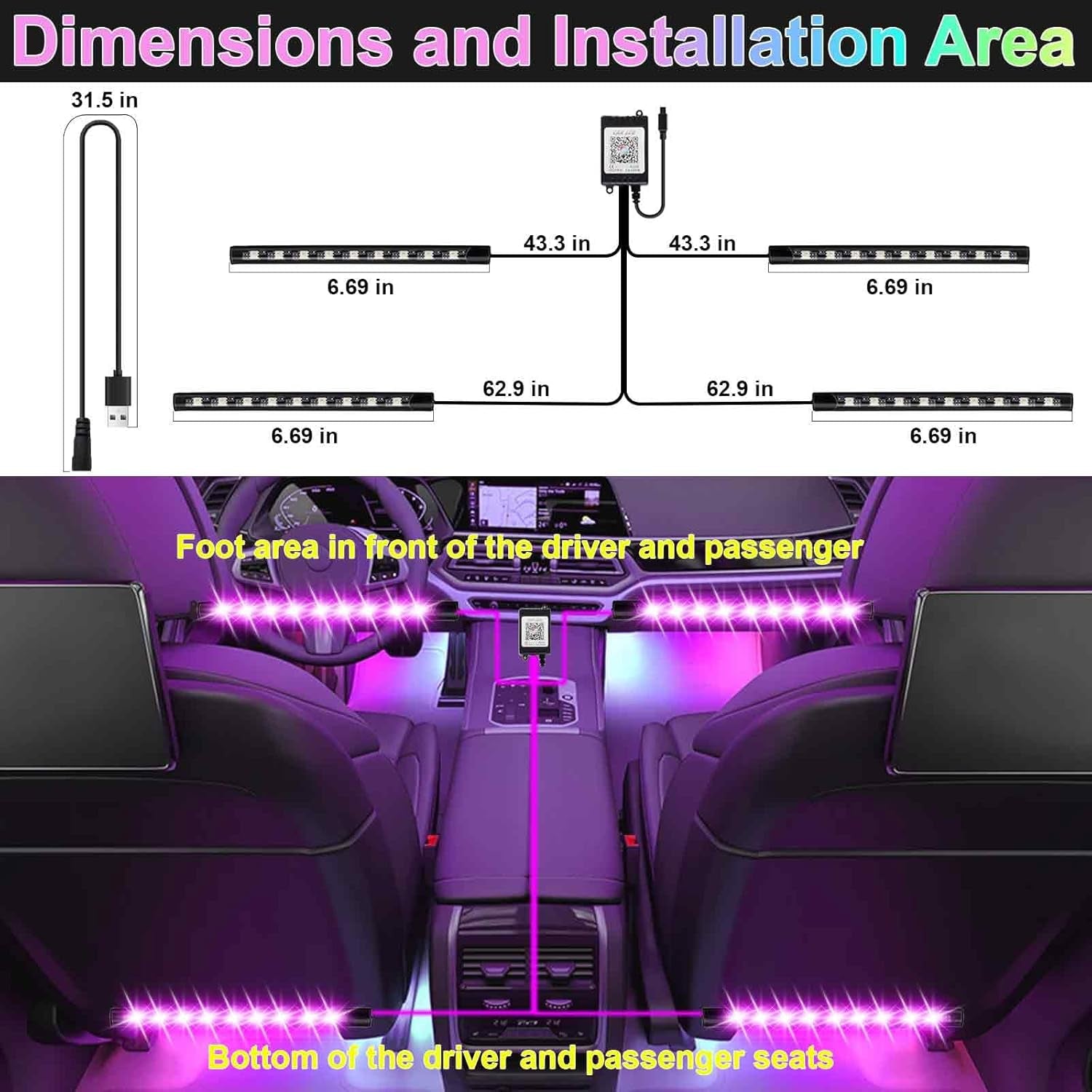 Car Interior Lights, 5V LED Strip Lights with USB Adapter, Ambient Car Lighting Kit, App & Remote Control Music Sync Color Change Strip Lights for Suvs & Trucks, Car Accessories for Women Men