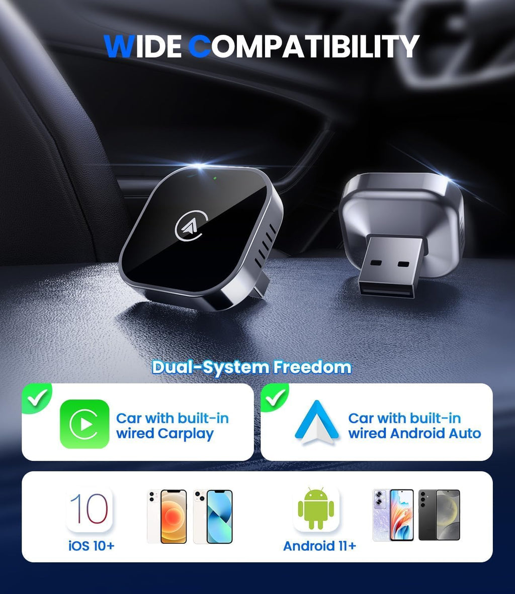 2 in 1 Wireless Carplay and Android Auto Adapter, Easy Setup Plug and Play, Fast Seamless Use Supports 1000+ Car'S with Built-In Wired Car Play/Android Auto, Compact Sleek Design Car Adapter