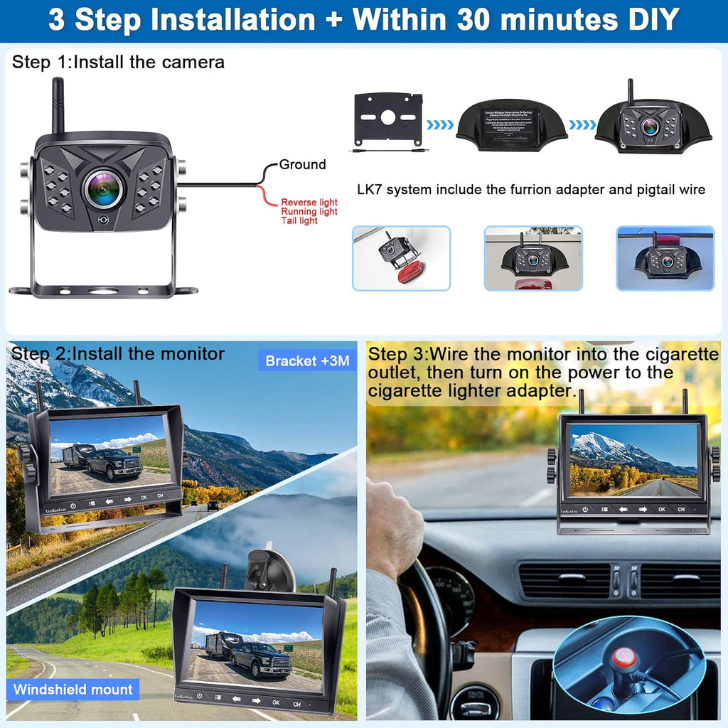 RV Backup Camera Wireless Waterproof 7'' LCD Split Screen DVR Dash Monitor Touch Key Rear View System 4 Channels Travel Trailers Adapter for Furrion Pre-Wired Rvs Night Vision LK7