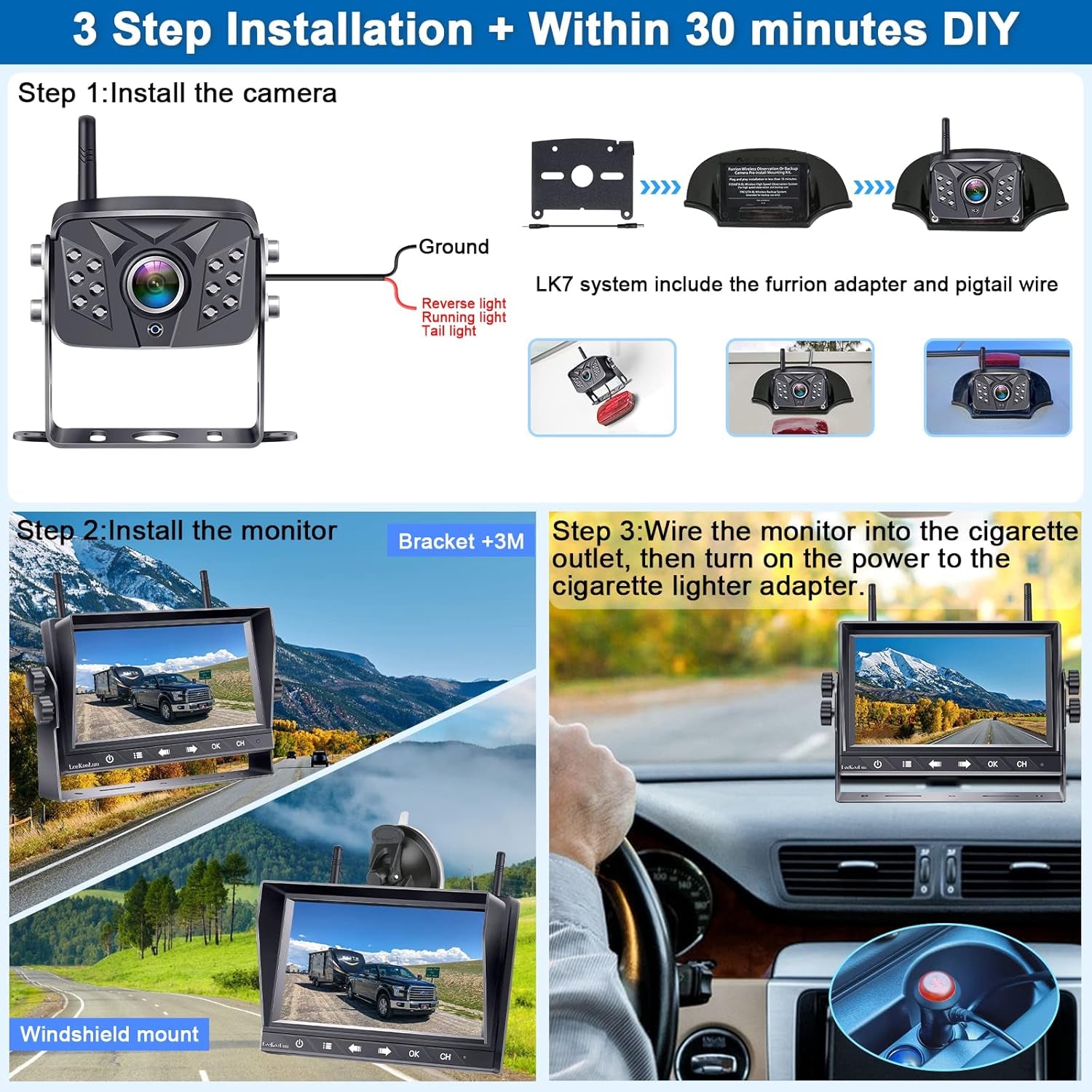 RV Backup Camera Wireless Waterproof 7'' LCD Split Screen DVR Dash Monitor Touch Key Rear View System 4 Channels Travel Trailers Adapter for Furrion Pre-Wired Rvs Night Vision LK7