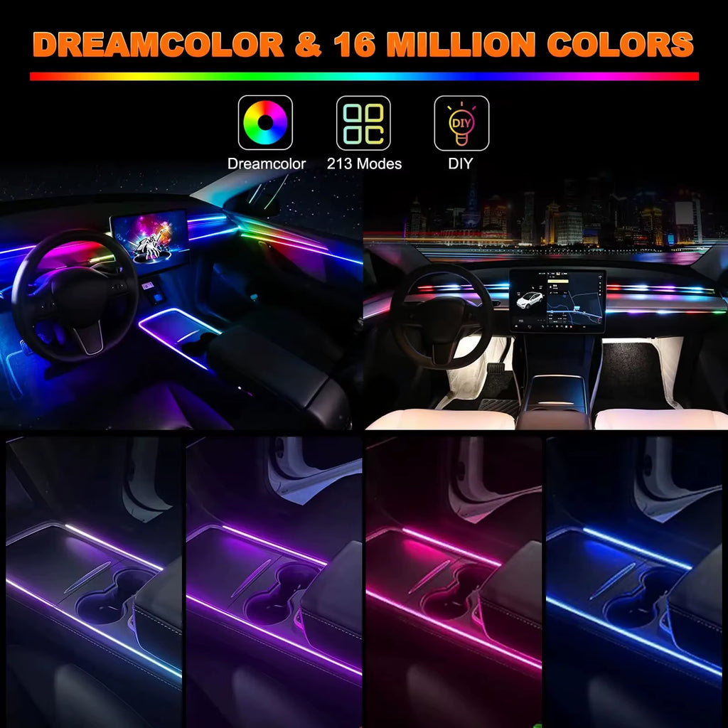 18 in 1 Dual Zone Symphony Streamer Car Ambient Light Interior LED Full Color RGB Neon Acrylic Strip Atmosphere Lighting Kit App