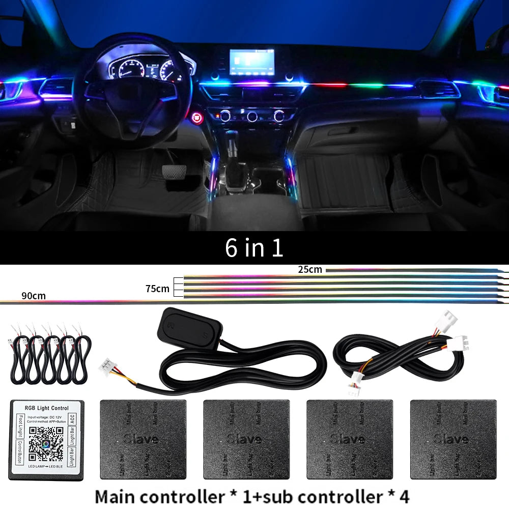18 in 1 LED Symphony Ambient Lights Car Interior Full Color Streamer RGB 64 Colors Neon Acrylic Strip Decoration Atmosphere Lamp