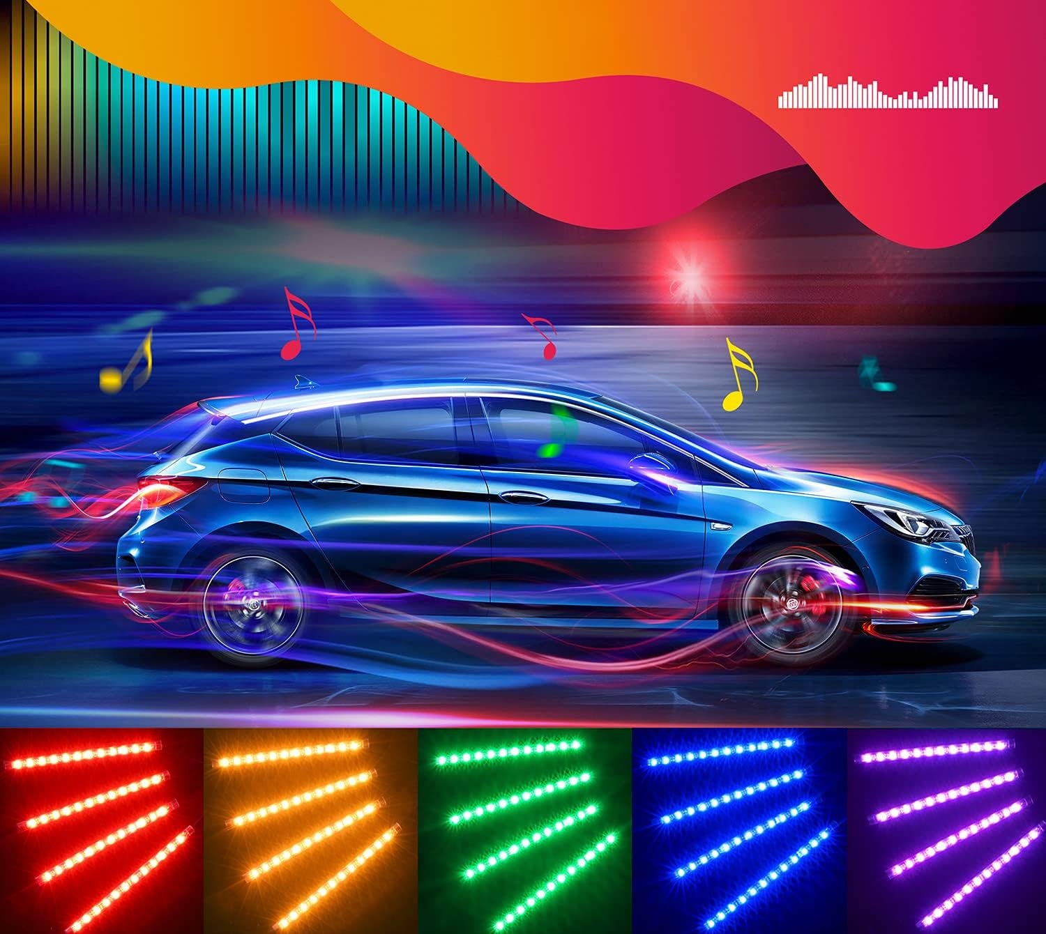 Car LED Lights, Smart Car Interior Lights with App Control, RGB Lights with DIY Mode and Music Mode, 2 Lines Design LED Lights for Cars with Car Charger, 12V