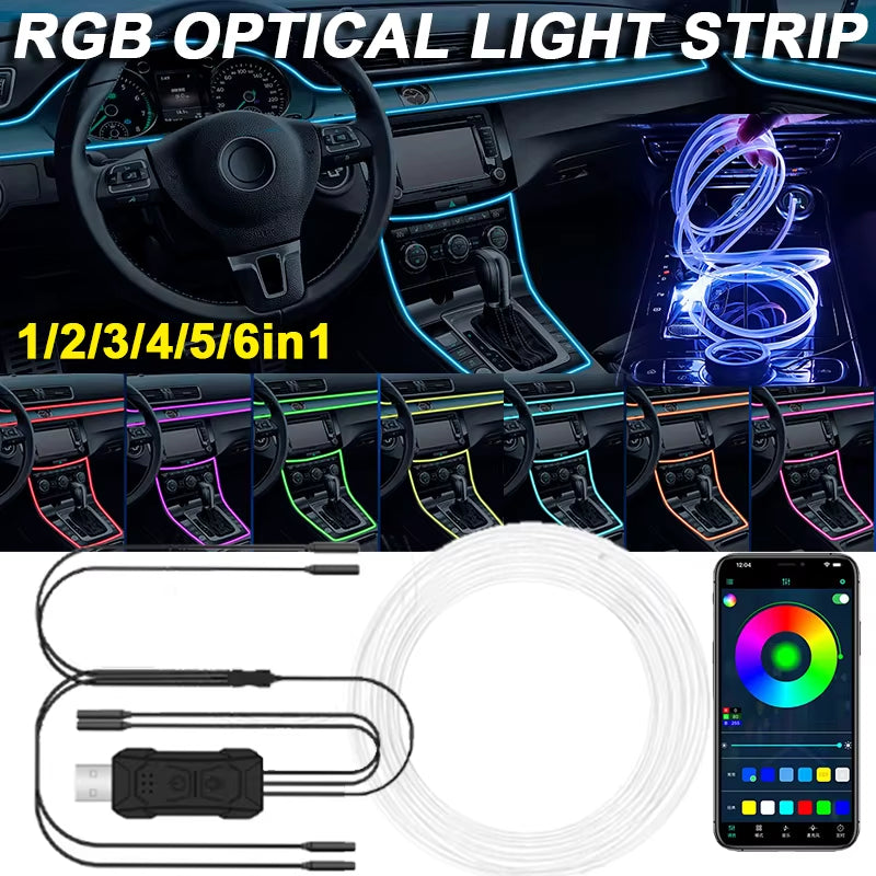 Car RGB Ambient LED Light Strip USB Fiber Optic Atmosphere Neon Invisible Light Strip Center Console Door Decoration Lamp