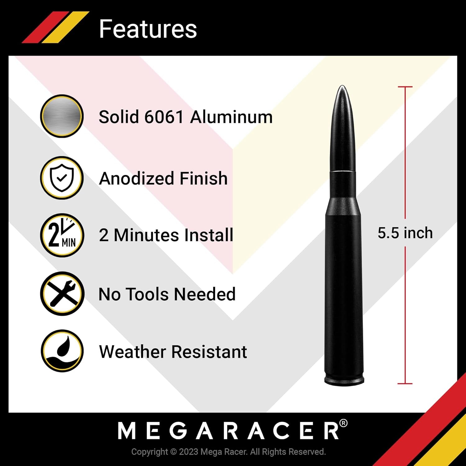 Anodized Black 50 Cal Bullet Antenna for Jeep Wrangler Gladiator 2007-2024 | Jeep Wrangler JK JKU JL JLU | Gladiator JT | Short Truck Antenna | for Truck Accessories Replacement SUV | 5.5 Inch