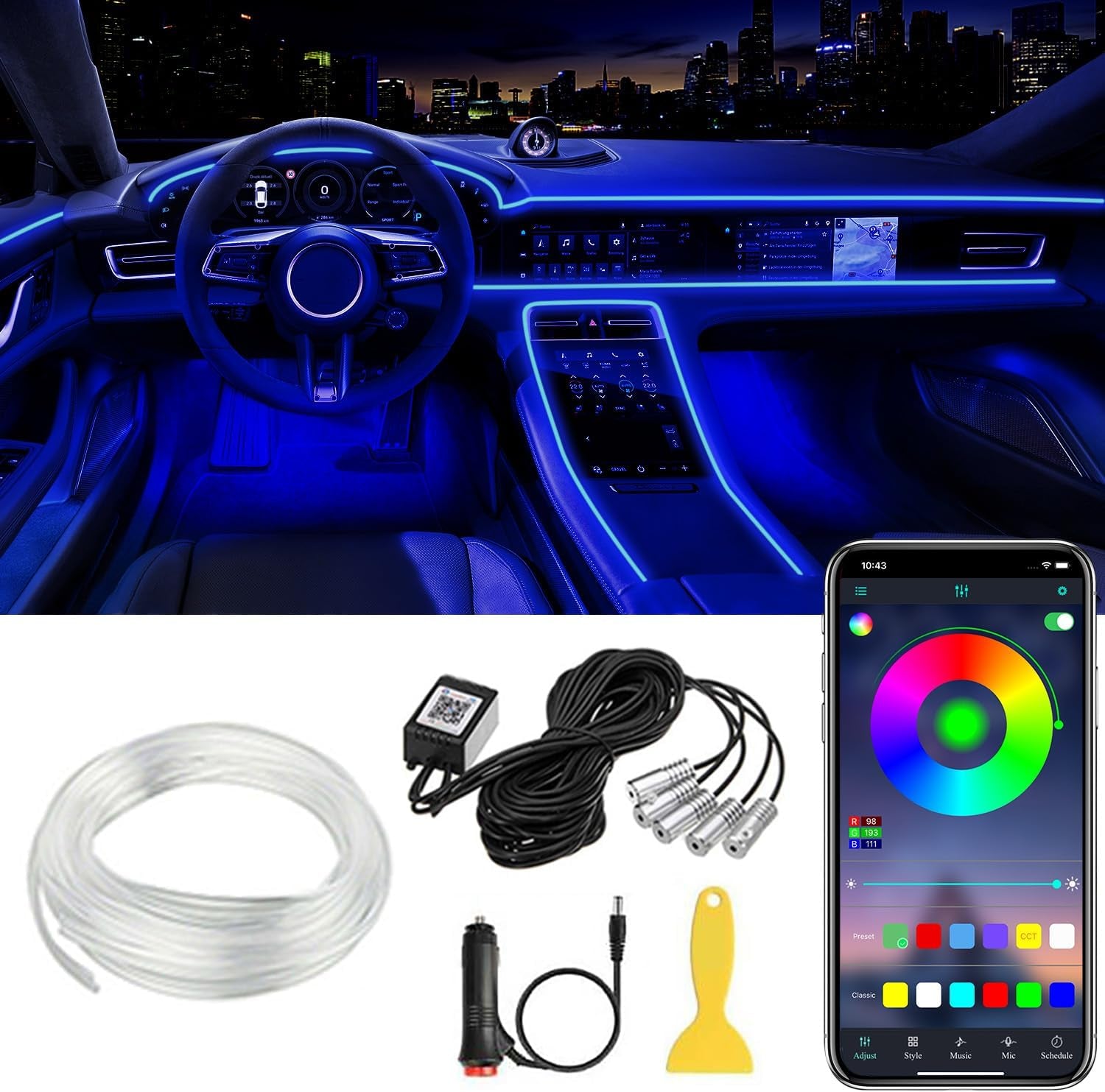 Interior Car LED Strip Lights APP Control, 5 in 1 RGB 16 Million Colors Ambient Lighting Kit with 236 Inches Fiber Optic, Music Mode inside Car Lighting Decorations