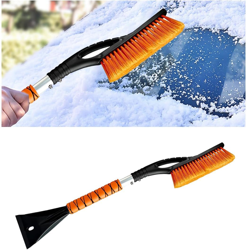 27" Snow Brush and Ice Scrapers for Car Windshield and Window, Detachable Winter Snow Remover Ice Shovel Tool with Ergonomic Foam Grip & No Scratch Bristles, Car Accessories for Truck SUV (Orange)
