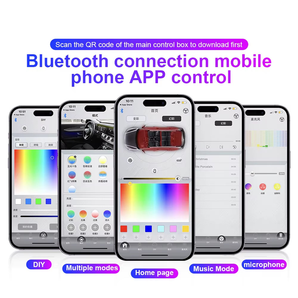 Dual Zone 18 in 1 Full Color Streamer Car Ambient Light RGB 64 Color LED Interior Acrylic Fiber Strip Decoration Atmosphere Lamp