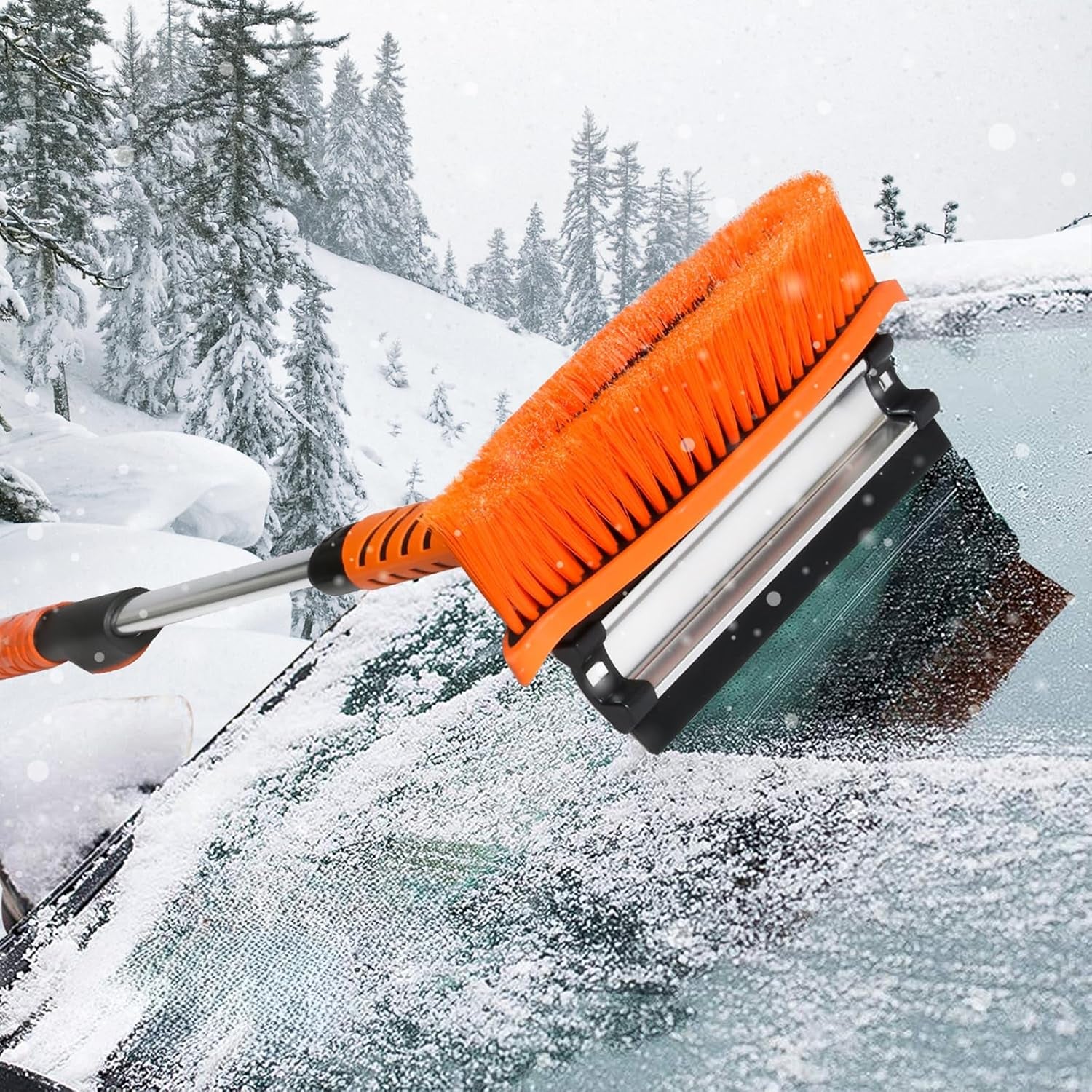 Extendable Ice Scraper and Brush with Squeegee for Car 4 in 1 Emergency Snow Shovel, Ergonomic Foam Grip and 180° Pivoting Brush Head Car Snow Kit for Cars, Trucks, Suvs, Vehicle