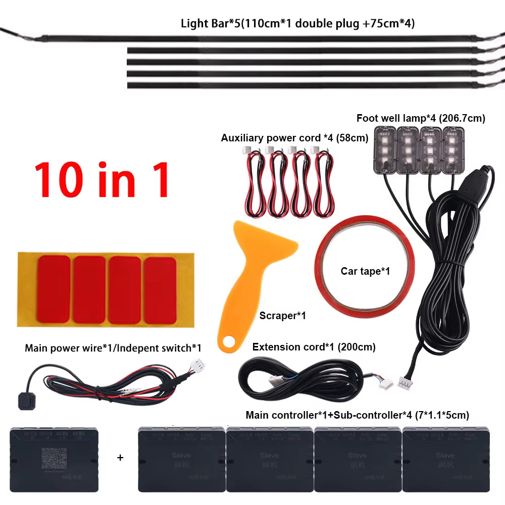 Dual Zone 18 in 1 Full Color Streamer Car Ambient Light RGB 64 Color LED Interior Acrylic Fiber Strip Decoration Atmosphere Lamp