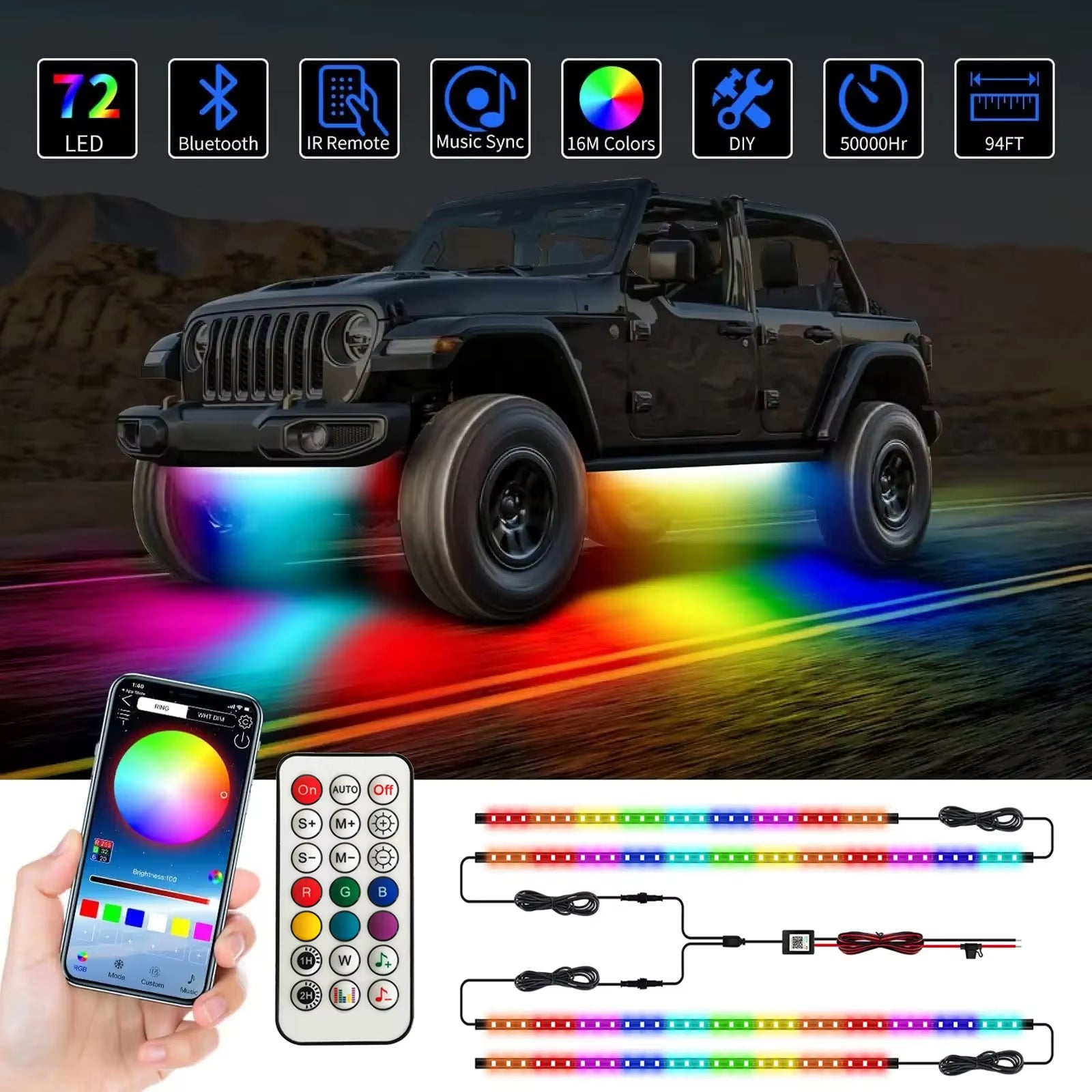 Neon LED RGB Car Underglow Bottom Light Remote/App Control Flexible Waterproof LED Strip Car Underbody Light Decorative Lamp