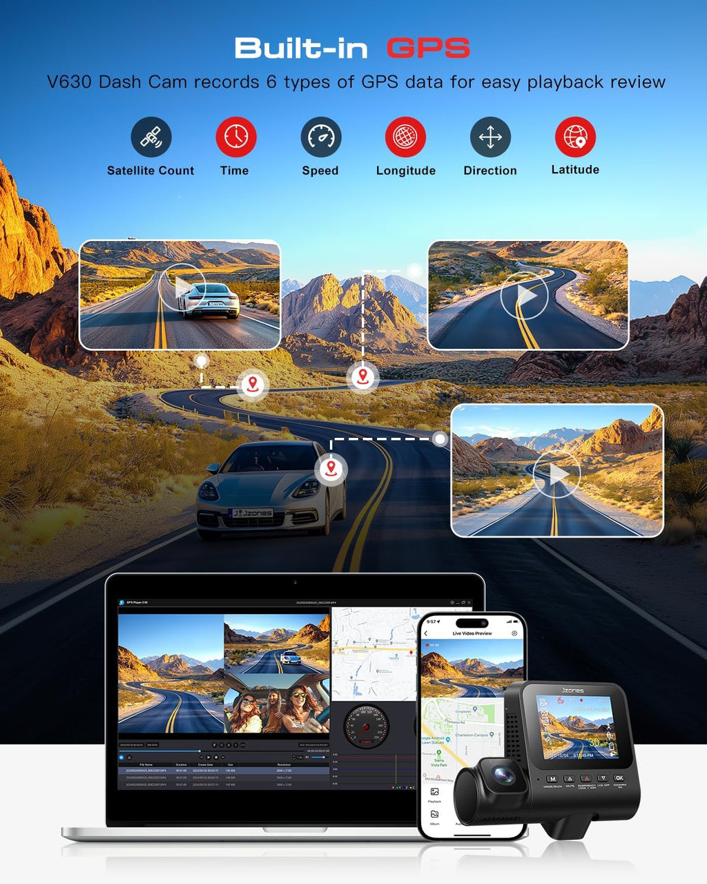 Ultimate 3-Channel Dash Cam: 4K Front & 1080P Rear with STARVIS Night Vision, 24/7 Parking Mode, GPS & Free 64GB Card