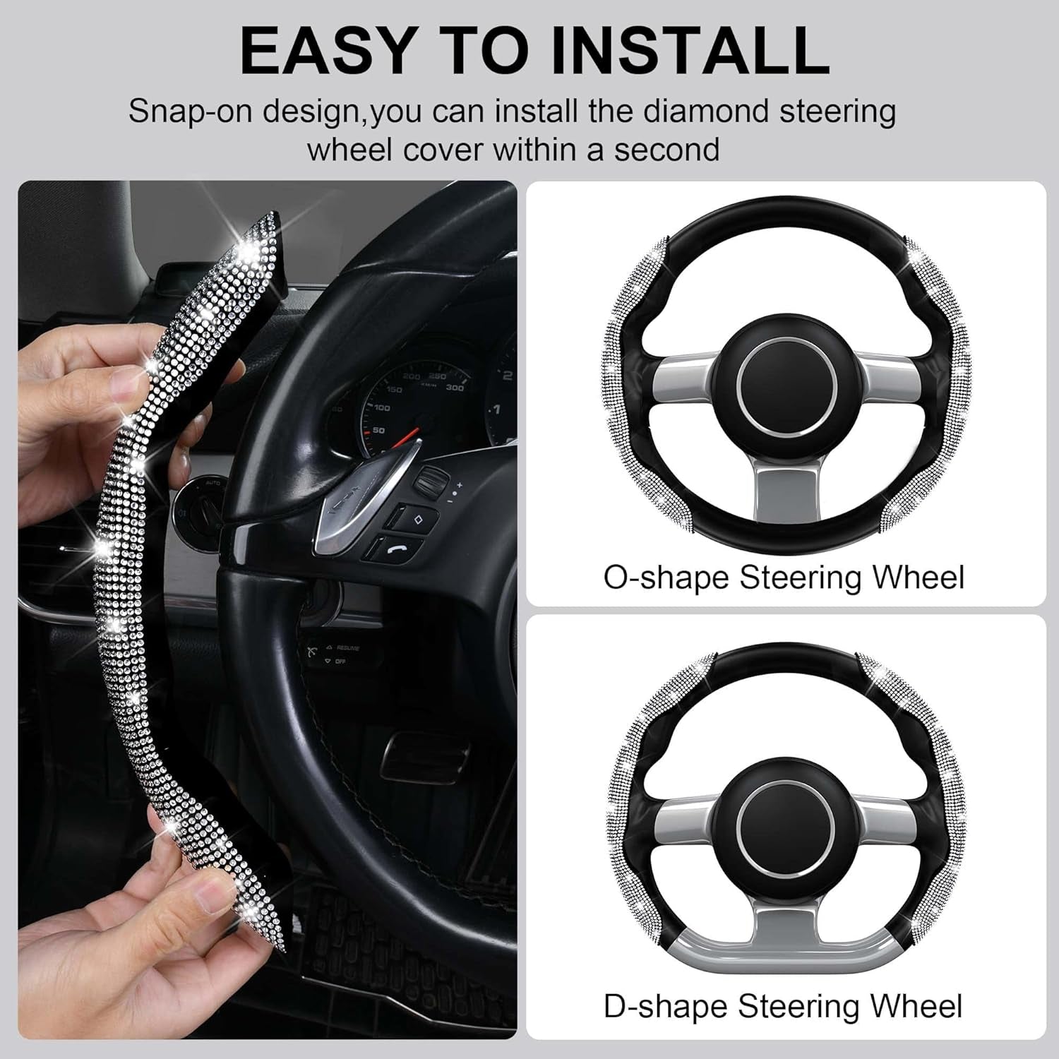 Bling Diamond Segmented Steering Wheel Cover with Crystal Rhinestones, 2PCS Wheel Protector Non-Slip Cute Car Accessories Universal Fit D-Shape O-Shape 14.5" to 16" for Women, Silver Diamond