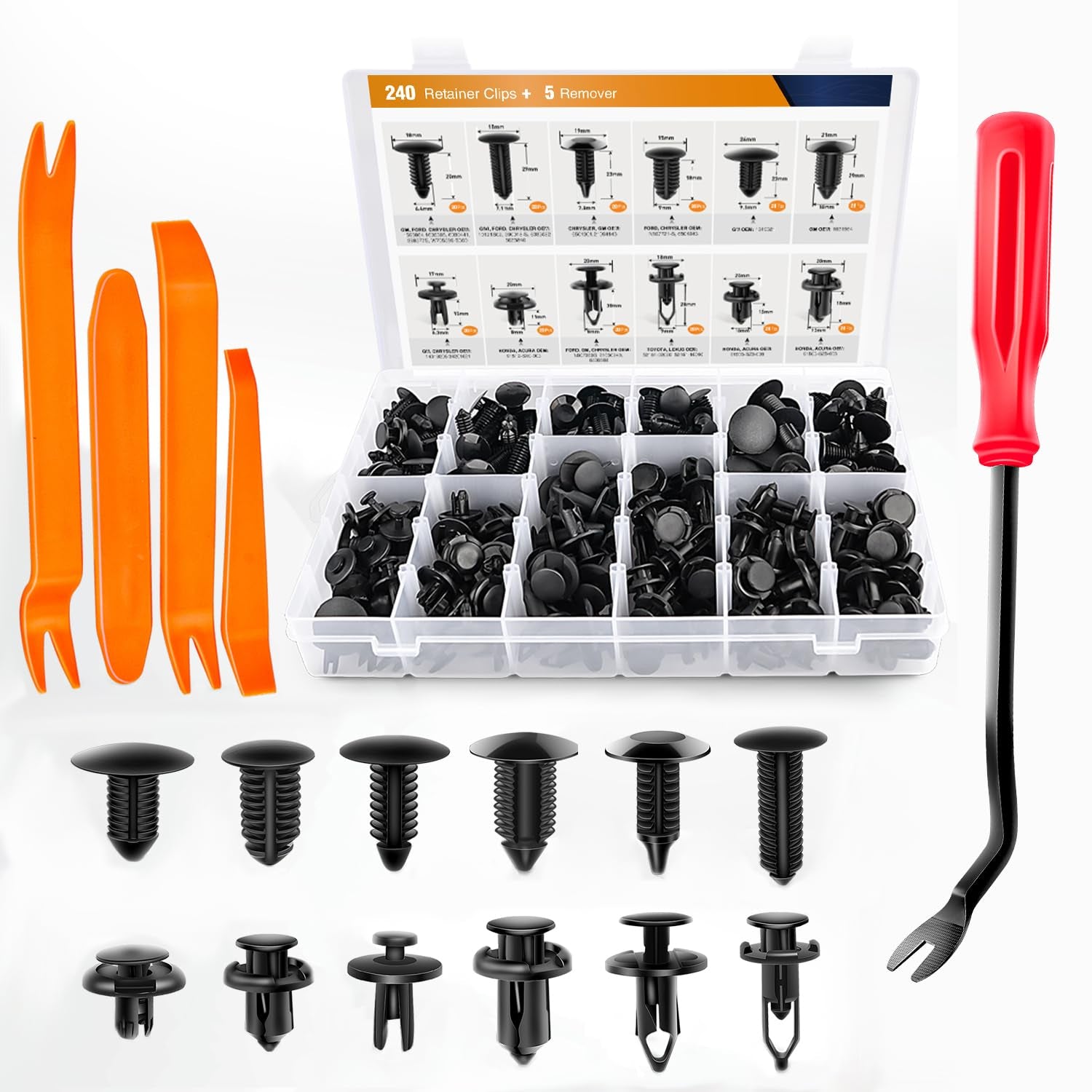 - GRC-33 240PCS Bumper Retainer Clips Car Plastic Rivets Fasteners Push Retainer Kit Most Popular Sizes Auto Push Pin Rivets Set -Door Trim Panel Fender Clips for GM Ford Toyota Honda Chrysler