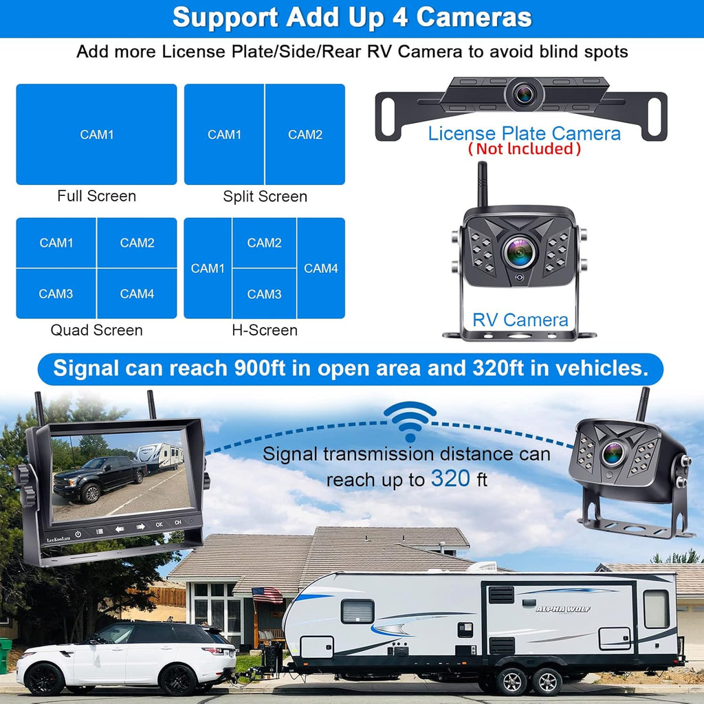 RV Backup Camera Wireless Waterproof 7'' LCD Split Screen DVR Dash Monitor Touch Key Rear View System 4 Channels Travel Trailers Adapter for Furrion Pre-Wired Rvs Night Vision LK7