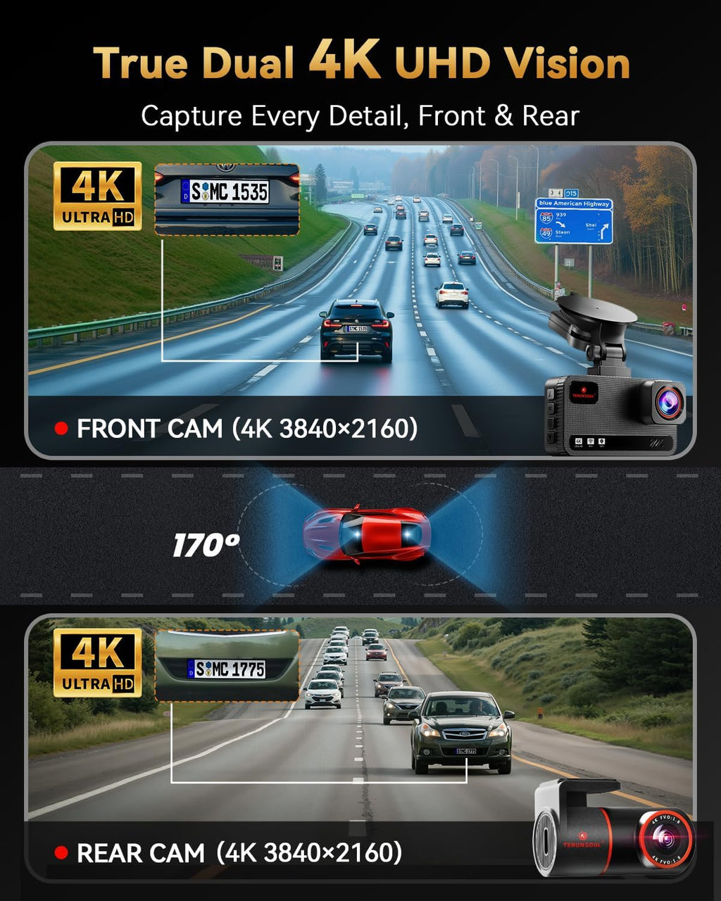 Ultra HD 4K Front and Rear Dash Cam with Free 128GB Card, 5.8GHz WiFi, GPS, G-Sensor, 170° Wide Angle, 3" IPS Screen, 24H Parking Mode, Supports Up to 512GB