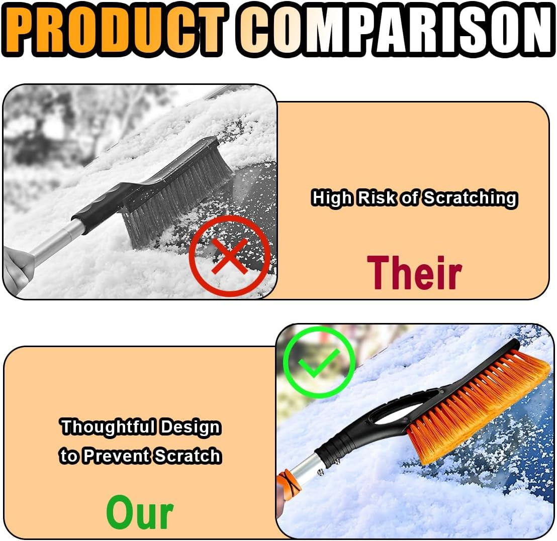 27" Snow Brush and Ice Scrapers for Car Windshield and Window, Detachable Winter Snow Remover Ice Shovel Tool with Ergonomic Foam Grip & No Scratch Bristles, Car Accessories for Truck SUV (Orange)
