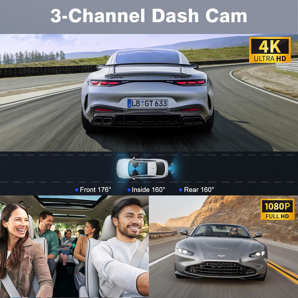 X5 4K Triple Channel Dash Cam - Front, Rear & Inside with 360° Coverage, Night Vision, G-Sensor, 24H Parking Monitor & Free 64G SD Card