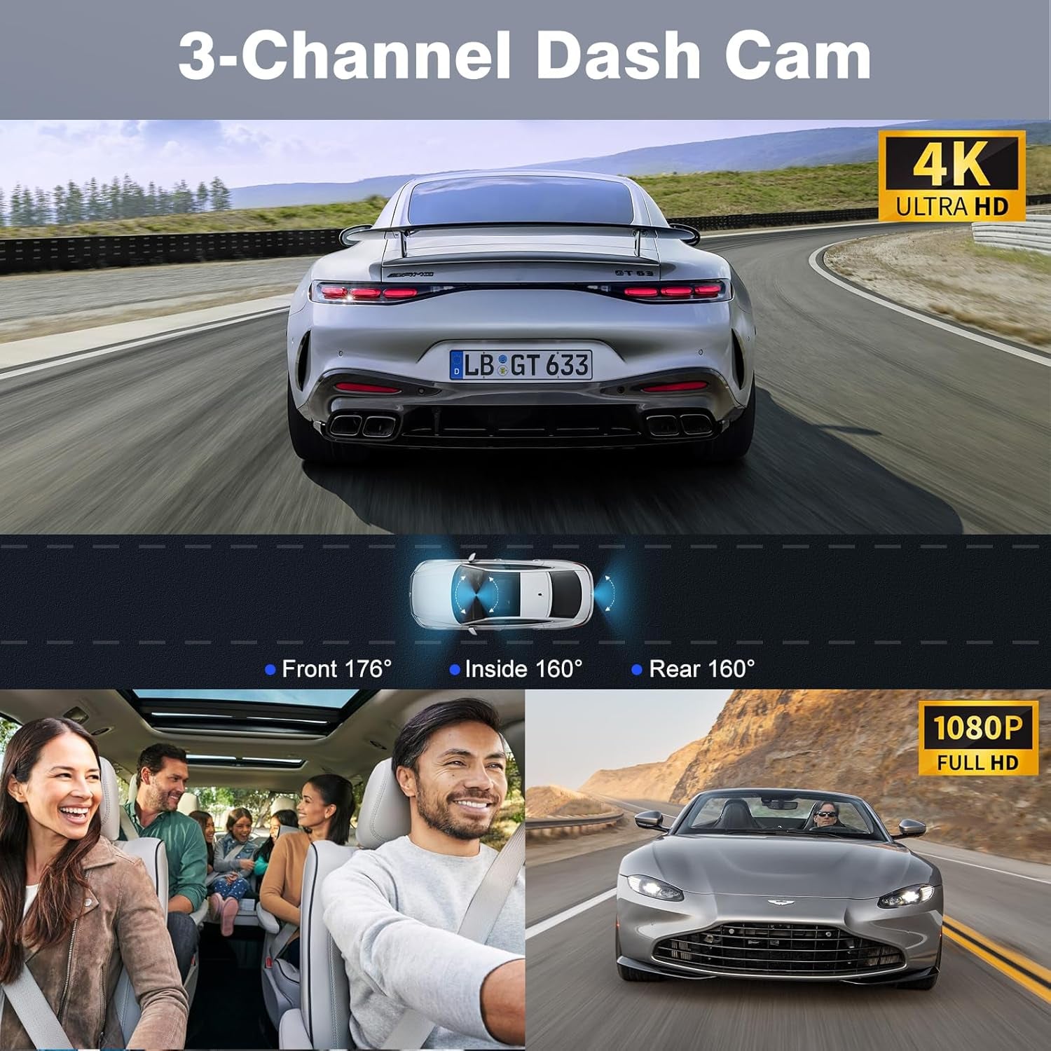 X5 4K Triple Channel Dash Cam - Front, Rear & Inside with 360° Coverage, Night Vision, G-Sensor, 24H Parking Monitor & Free 64G SD Card