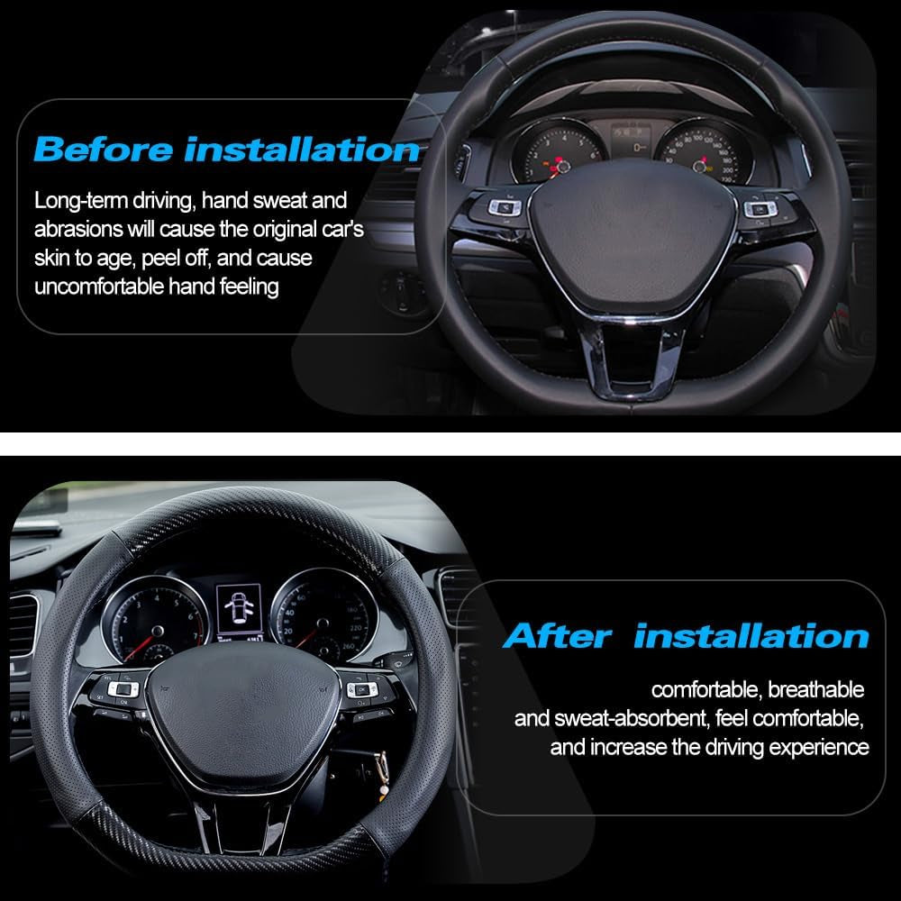 Car Carbon Fiber and Leather D-Shape Steering Wheel Cover, Stylish Car Non-Slip Leather Car Interior 15 Inches Universal Black and Red