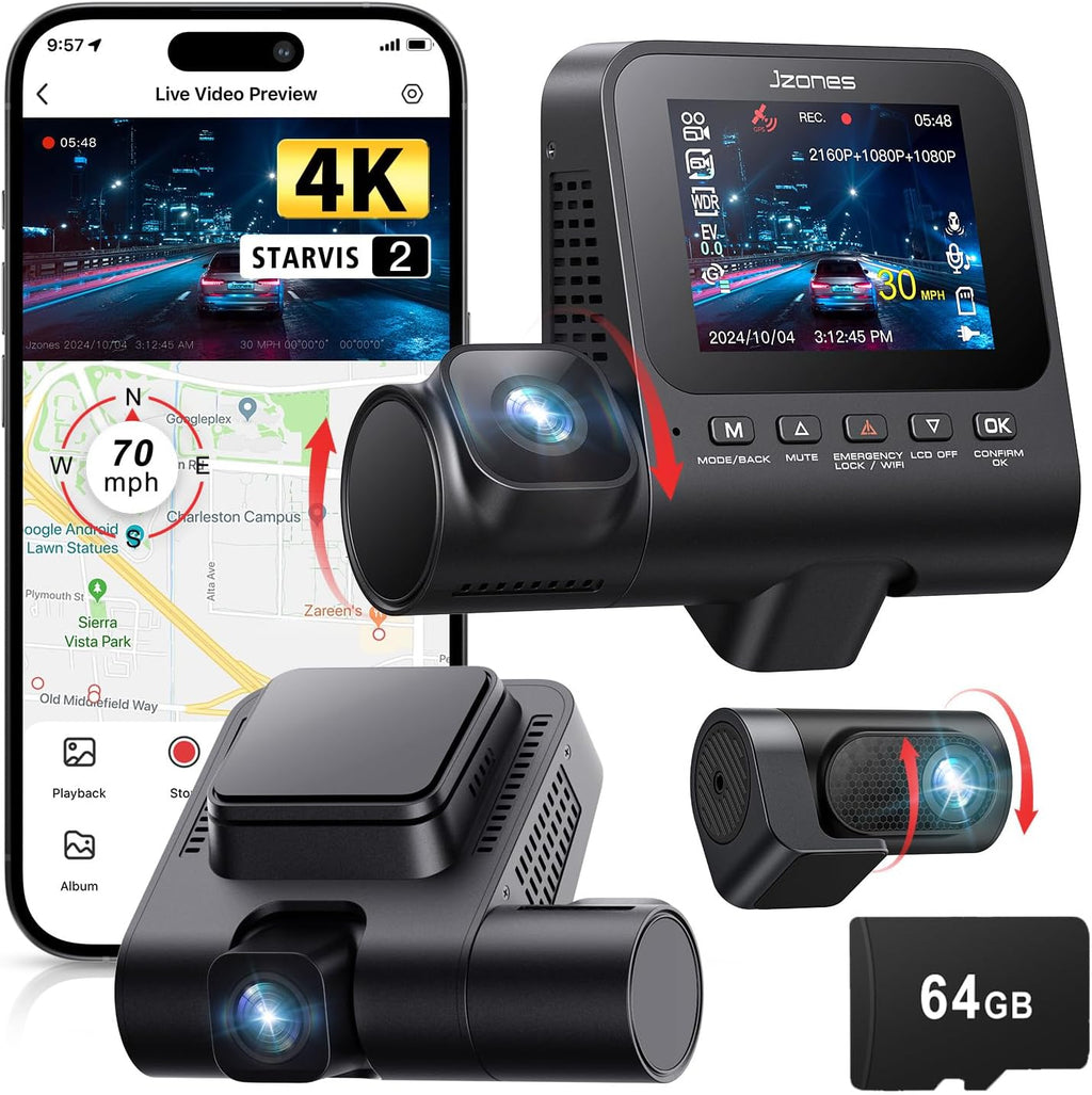 Ultimate 3-Channel Dash Cam: 4K Front & 1080P Rear with STARVIS Night Vision, 24/7 Parking Mode, GPS & Free 64GB Card