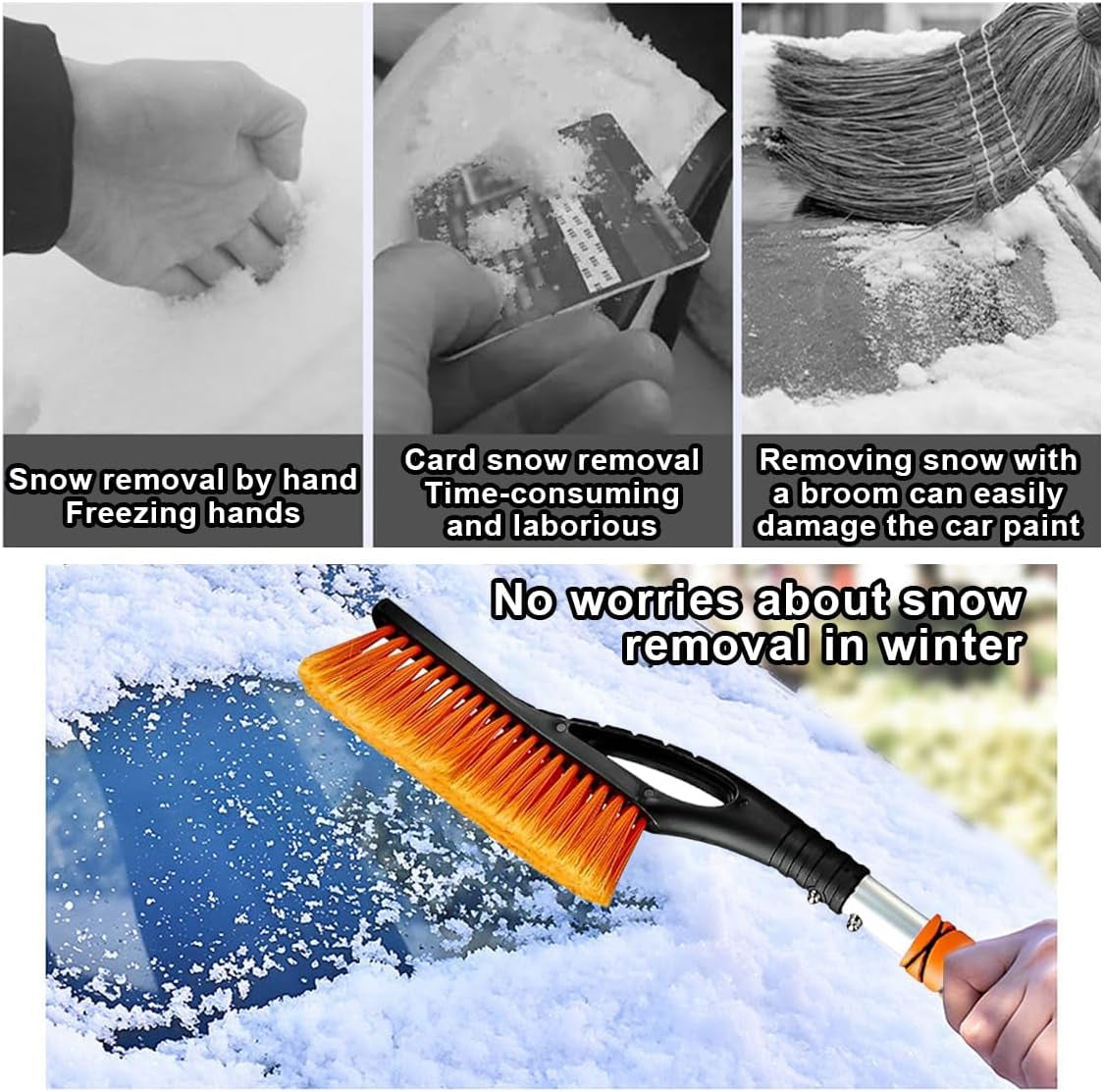 27" Snow Brush and Ice Scrapers for Car Windshield and Window, Detachable Winter Snow Remover Ice Shovel Tool with Ergonomic Foam Grip & No Scratch Bristles, Car Accessories for Truck SUV (Orange)