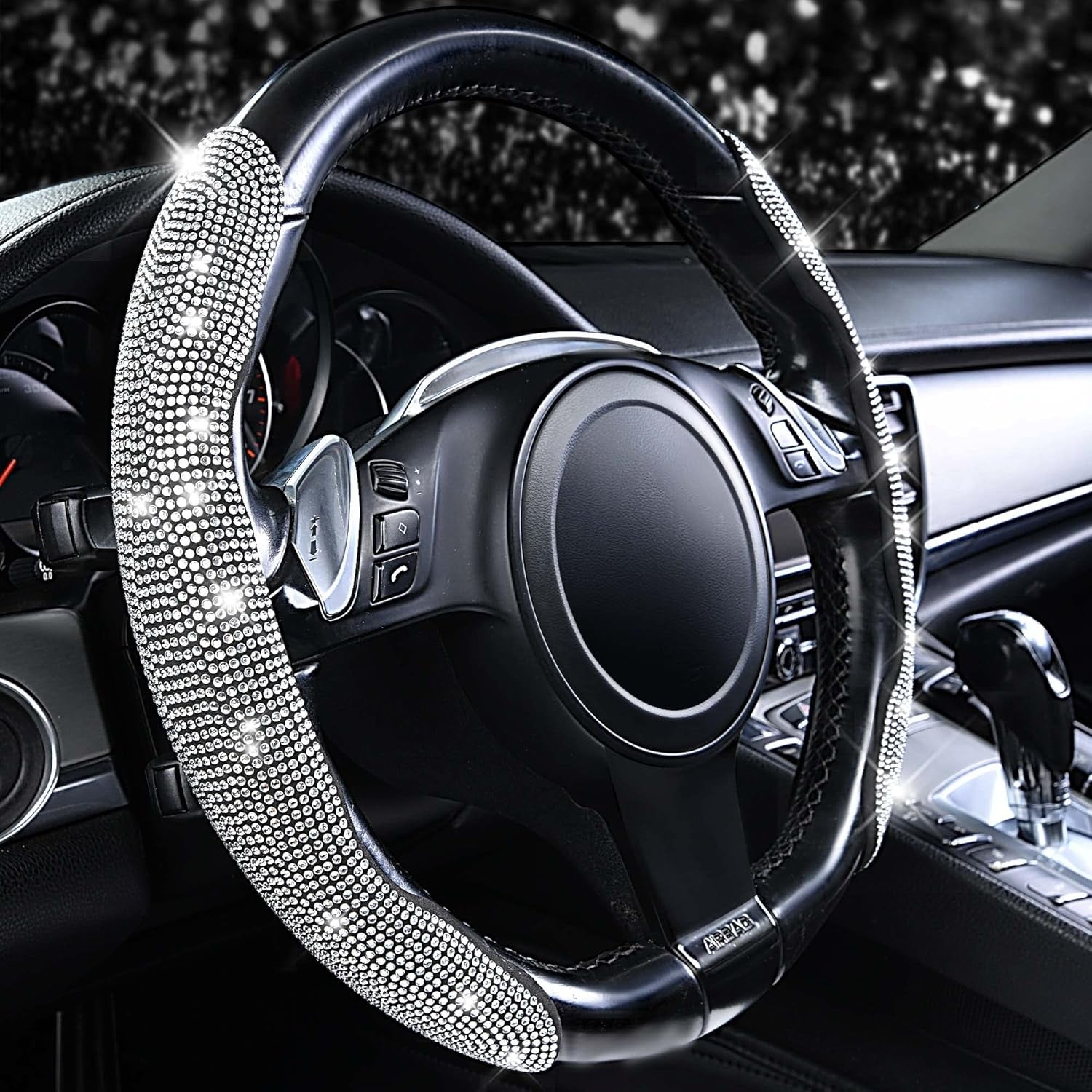 Bling Diamond Segmented Steering Wheel Cover with Crystal Rhinestones, 2PCS Wheel Protector Non-Slip Cute Car Accessories Universal Fit D-Shape O-Shape 14.5" to 16" for Women, Silver Diamond