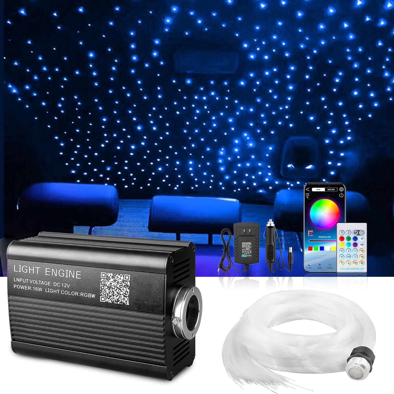 Starlight Headliner Kit 550 Piece Twinkle 0.03In*9.8Ft/0.75Mm*3M, 16W Starlight Headliner Music/Voice Activated Star Lights for Car,  RGBW Starlights for Theater Game Bed Room Ceiling