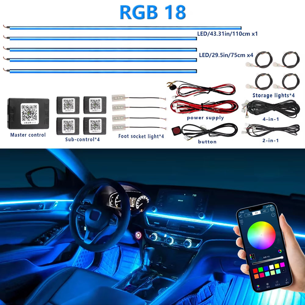 18 in 1 Dual Zone Symphony Streamer Car Ambient Light Interior LED Full Color RGB Neon Acrylic Strip Atmosphere Lighting Kit App