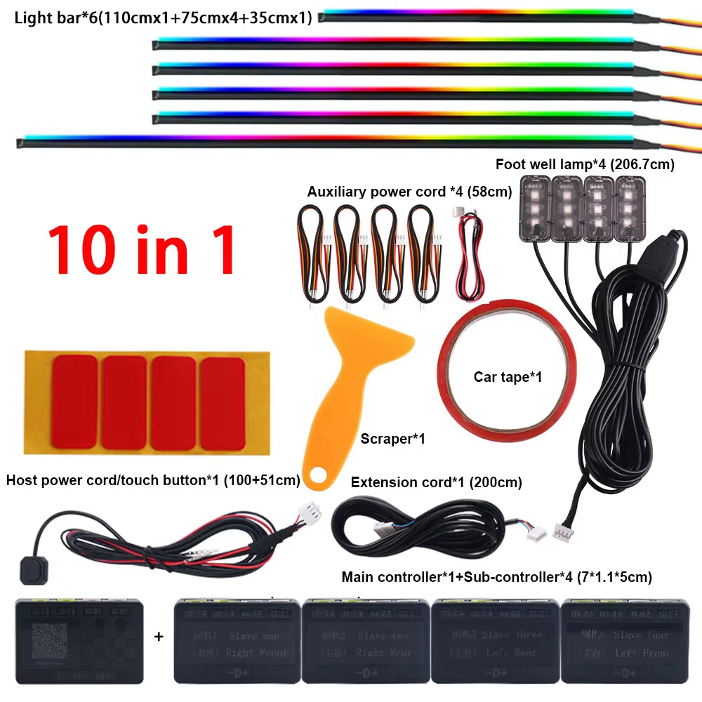 Dual Zone 18 in 1 Full Color Streamer Car Ambient Light RGB 64 Color LED Interior Acrylic Fiber Strip Decoration Atmosphere Lamp
