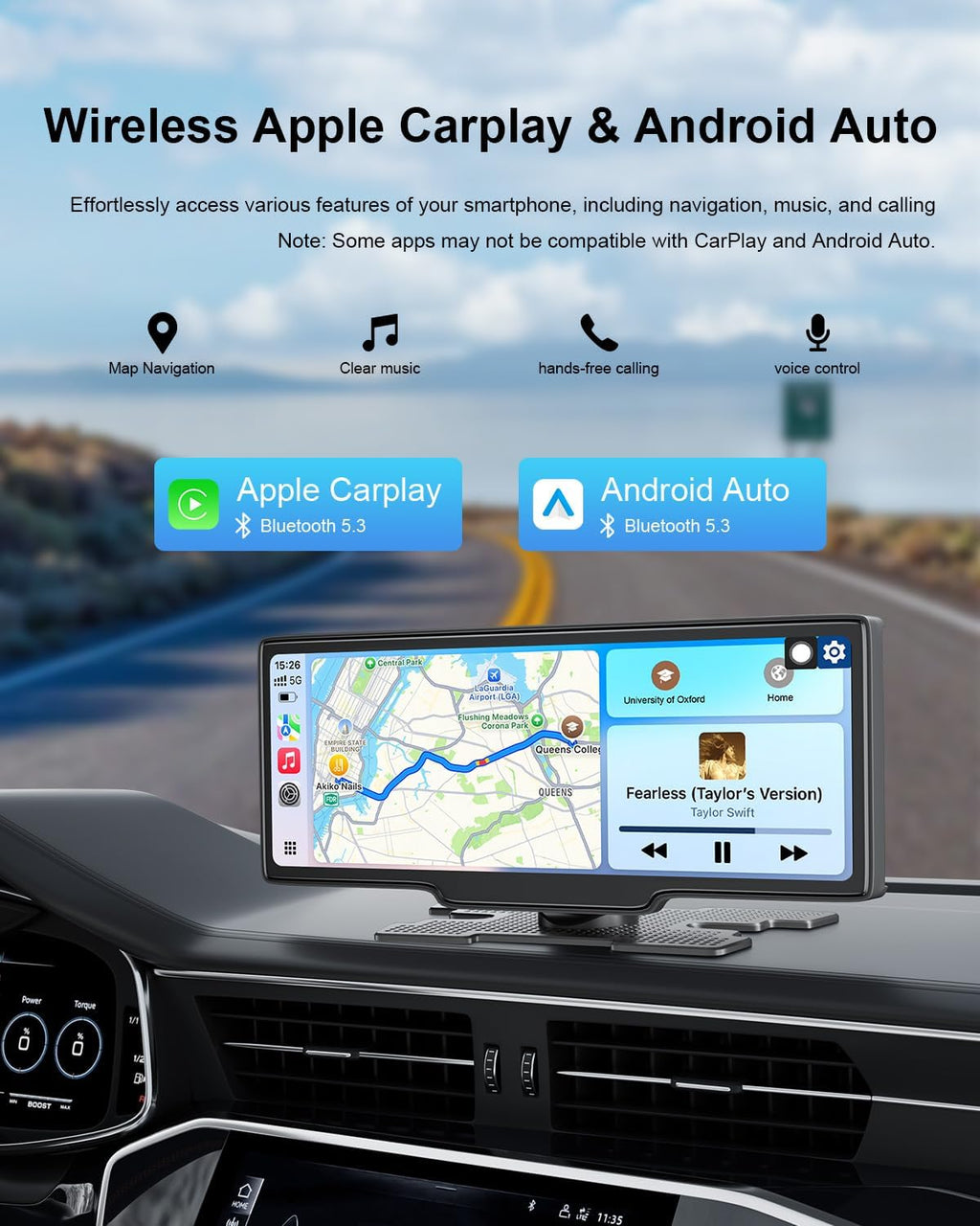 HK5 Carplay Screen for Car, 10.26’’ HD Wireless Apple Carplay & Android Auto Touchscreen with Backup Camera, Car Play Screen Ios 26 Compatible, GPS Navigation/Mirror Link/Siri/Fm (No Front Camera)