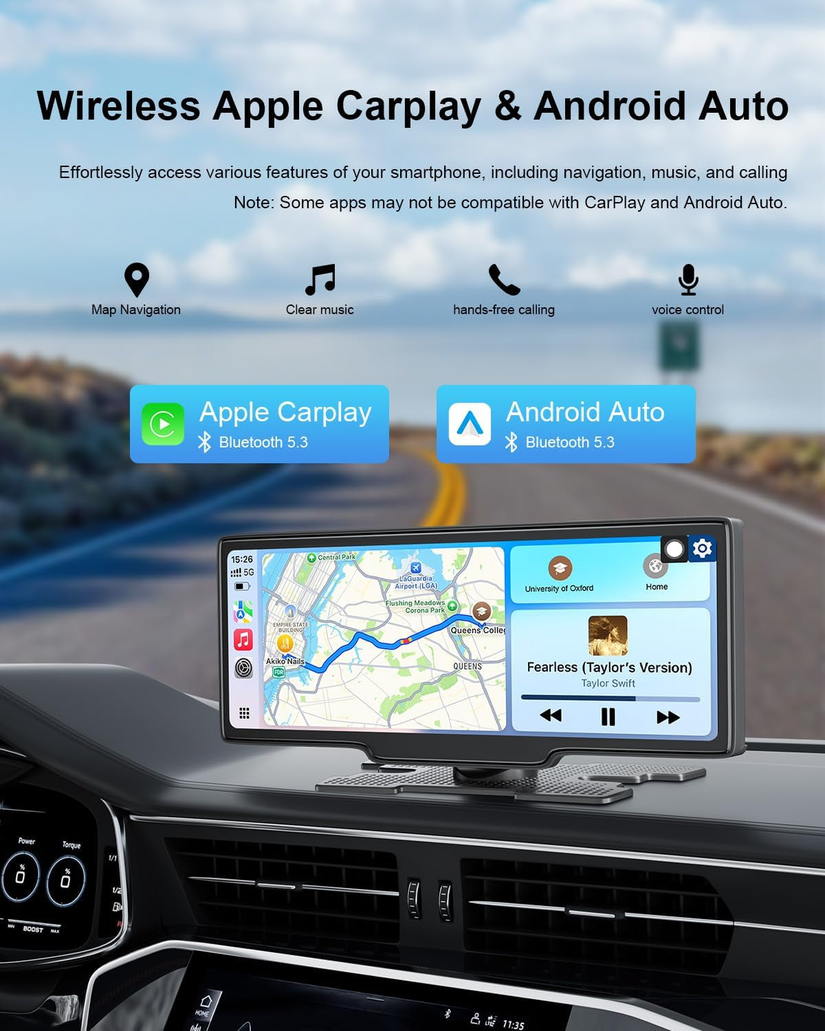 HK5 Carplay Screen for Car, 10.26’’ HD Wireless Apple Carplay & Android Auto Touchscreen with Backup Camera, Car Play Screen Ios 26 Compatible, GPS Navigation/Mirror Link/Siri/Fm (No Front Camera)