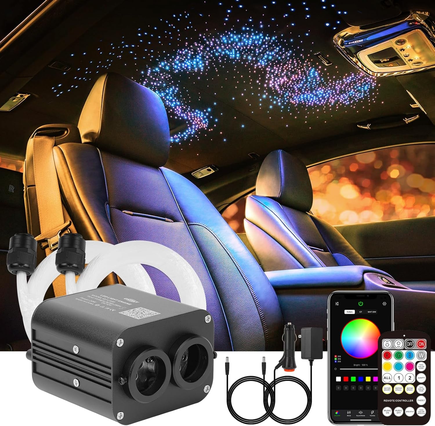 Two-Color 1000Pcs Twinkle Starlight Headliner Kit 1000 Piece Star Lights for Car,13.1Ft Car Star Lights,App RGBW Fiber Optic Lights Starlights Headliner Kit for Home Theater