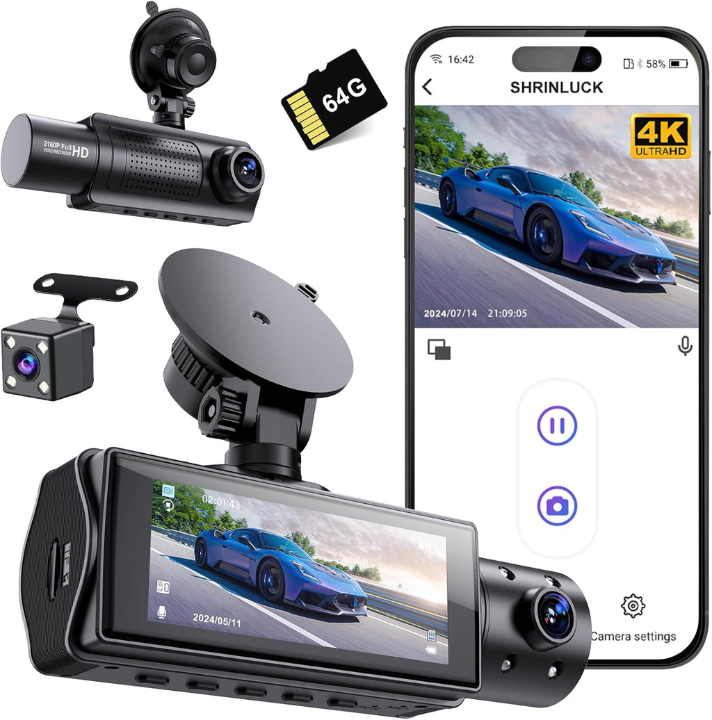 X5 4K Triple Channel Dash Cam - Front, Rear & Inside with 360° Coverage, Night Vision, G-Sensor, 24H Parking Monitor & Free 64G SD Card