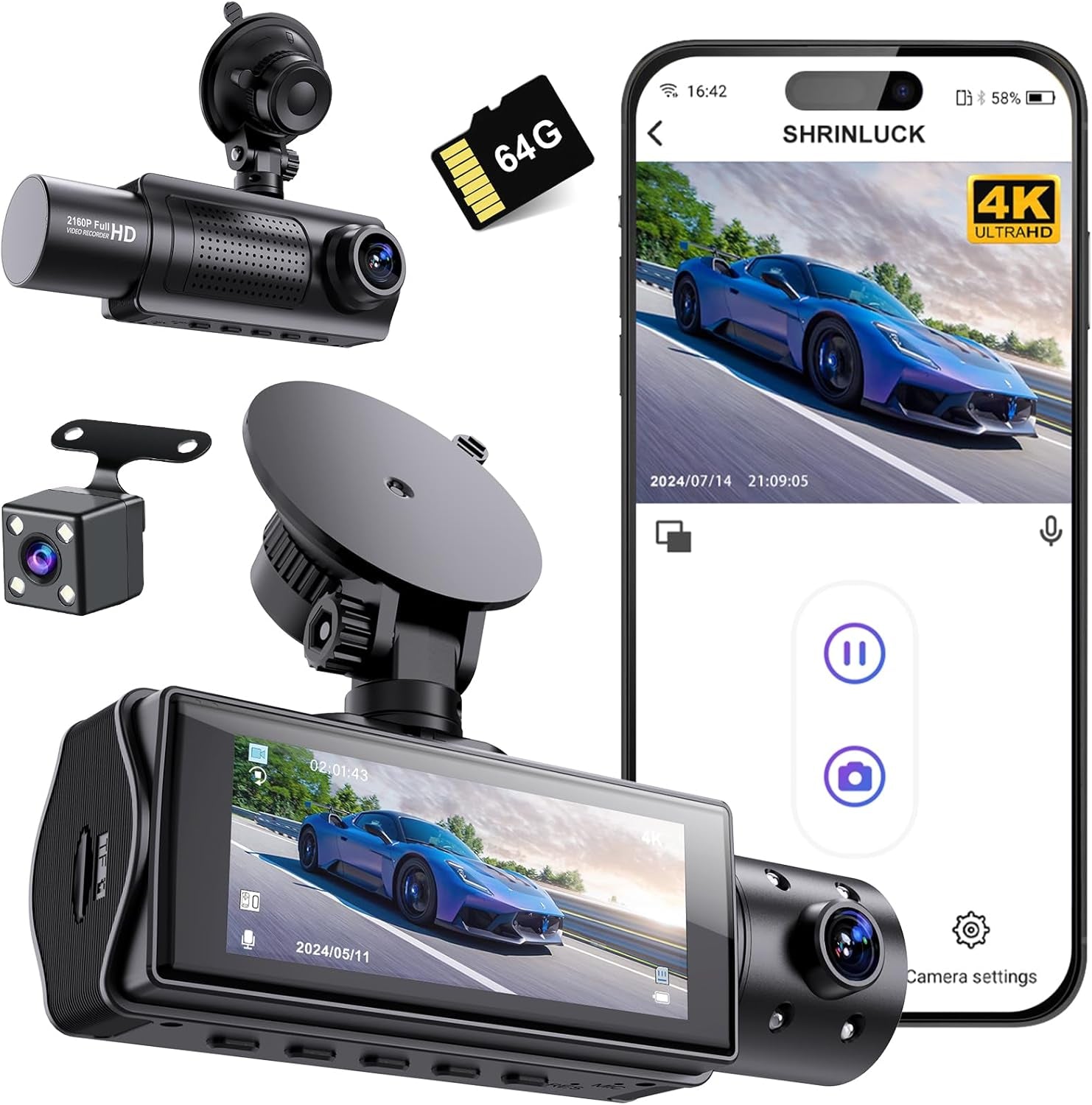 X5 4K Triple Channel Dash Cam - Front, Rear & Inside with 360° Coverage, Night Vision, G-Sensor, 24H Parking Monitor & Free 64G SD Card