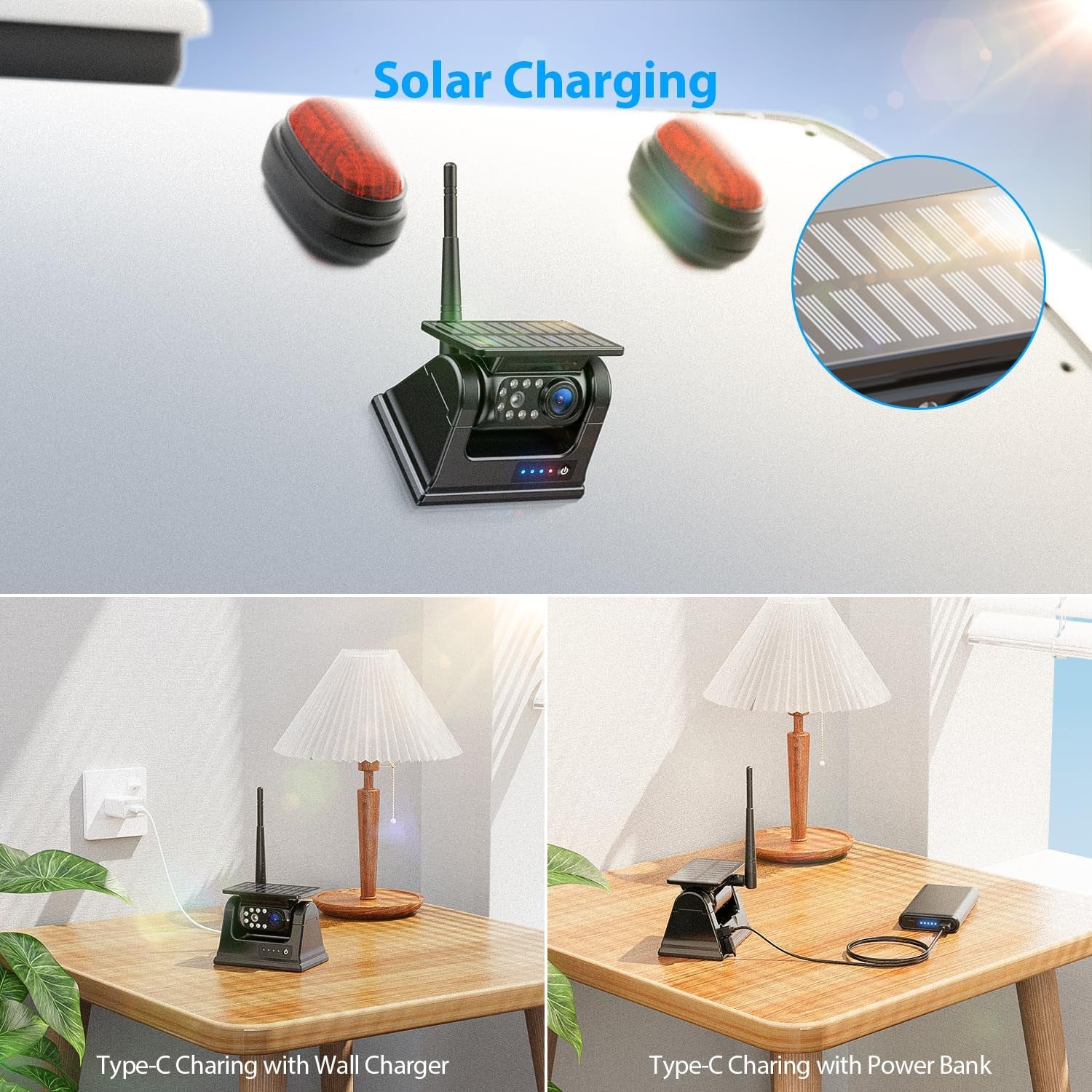 4 Magnetic Solar Wireless Backup Camera HD1080P 7" DVR Monitor, 3Mins No-Wire Installation, 9600Mah Solar Rechargeable Rearview RV Backup Cameras Wireless for Trailer RV Trucks, BL704