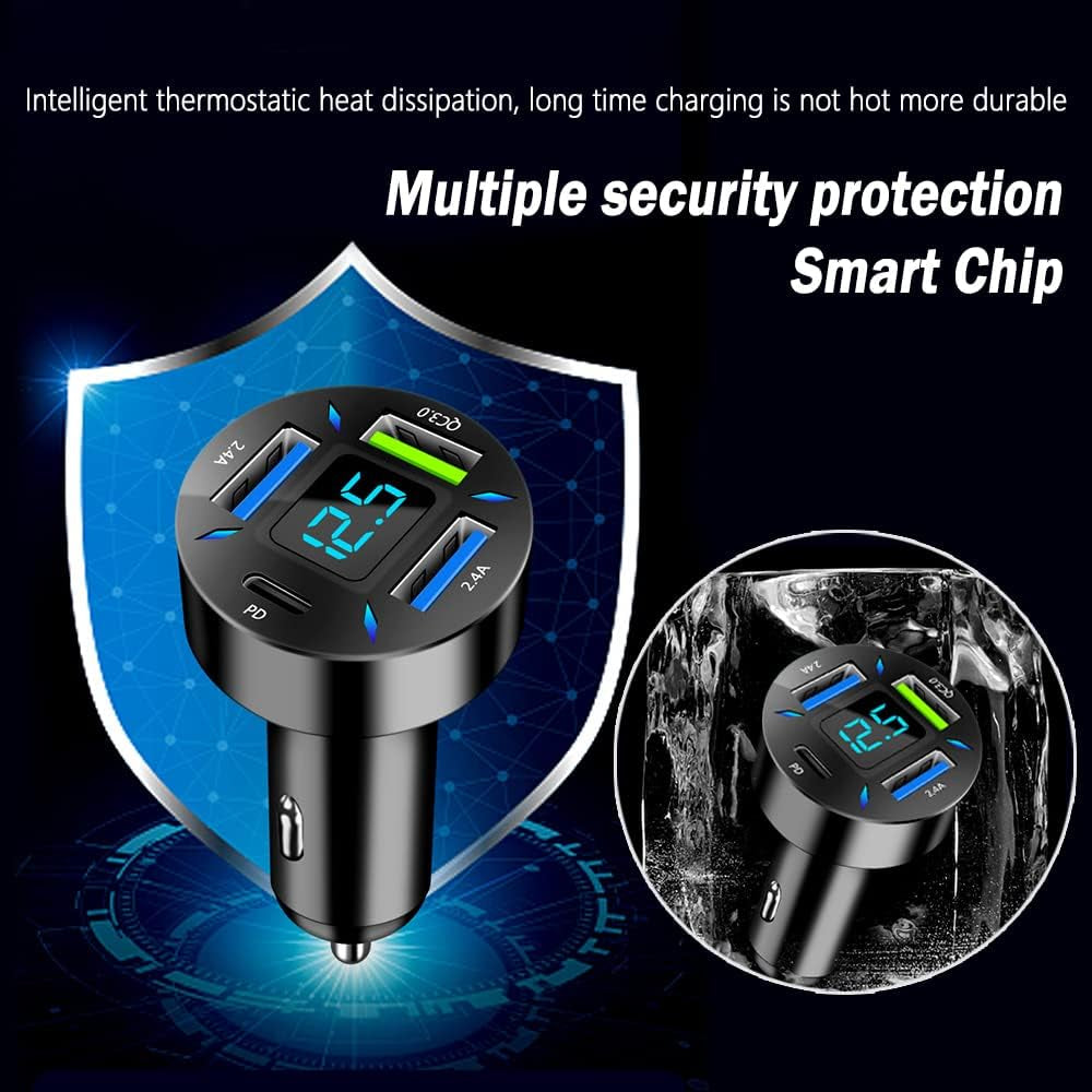 66W Super Fast Car Charger with USB PD & QC 3.0 - Universal Quick Charge for 12-24V Vehicles, Compatible with iPhone 14/13/12, Samsung S22/S21/S20, iPad - Voltmeter & LED Lights (Black)